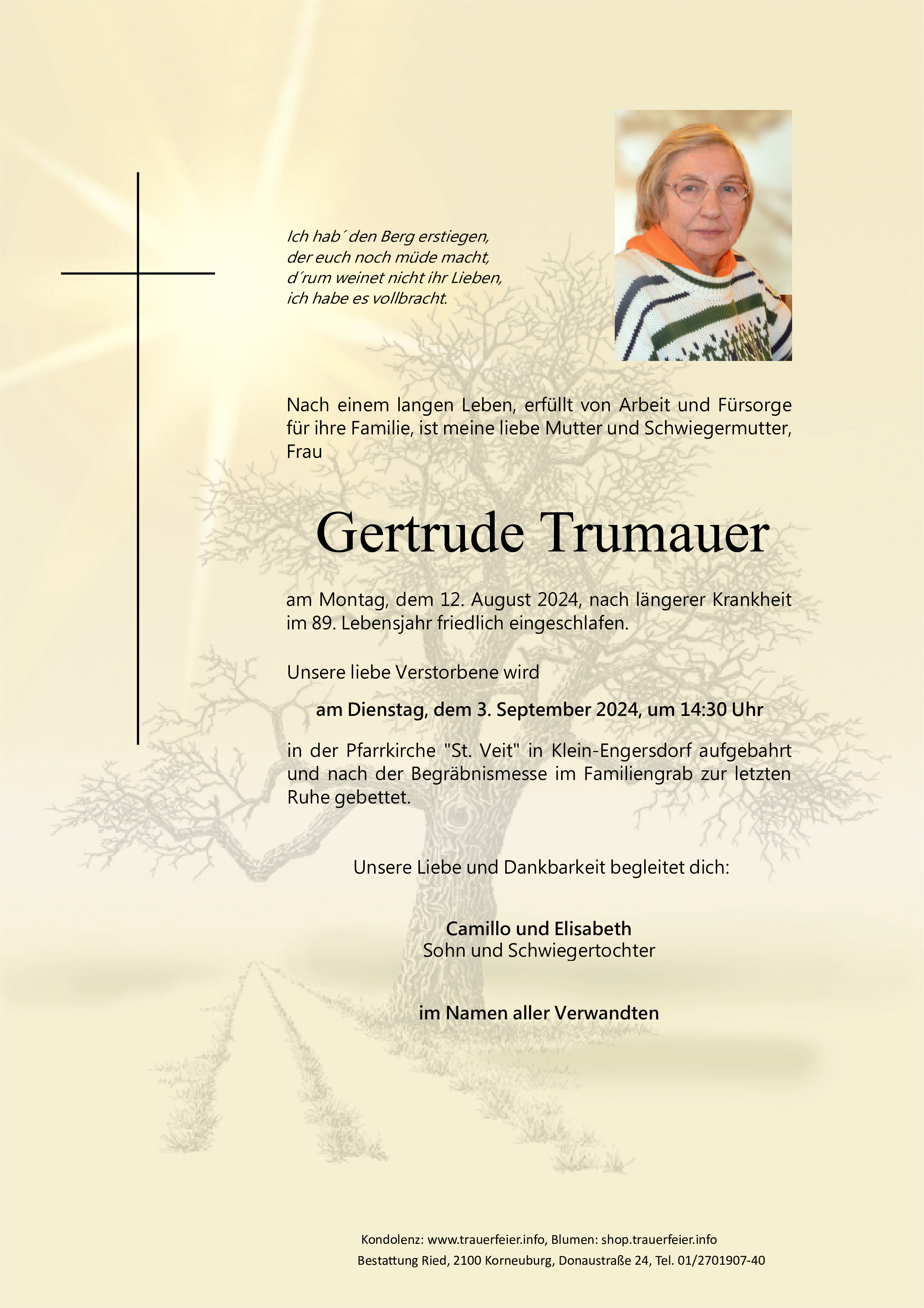 Traueranzeige von Gertrude Trumauer 
