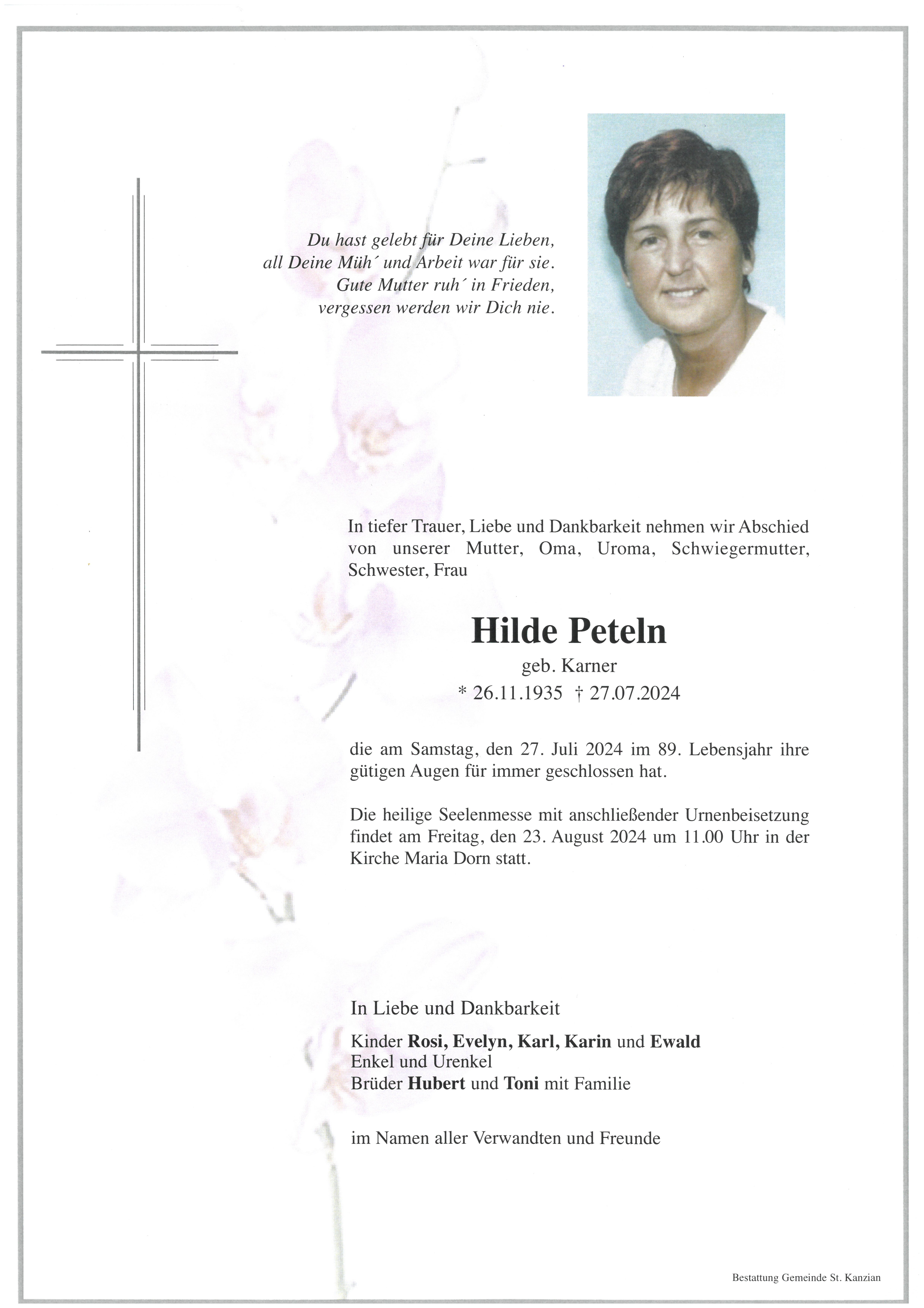 Traueranzeige von Hilde Peteln