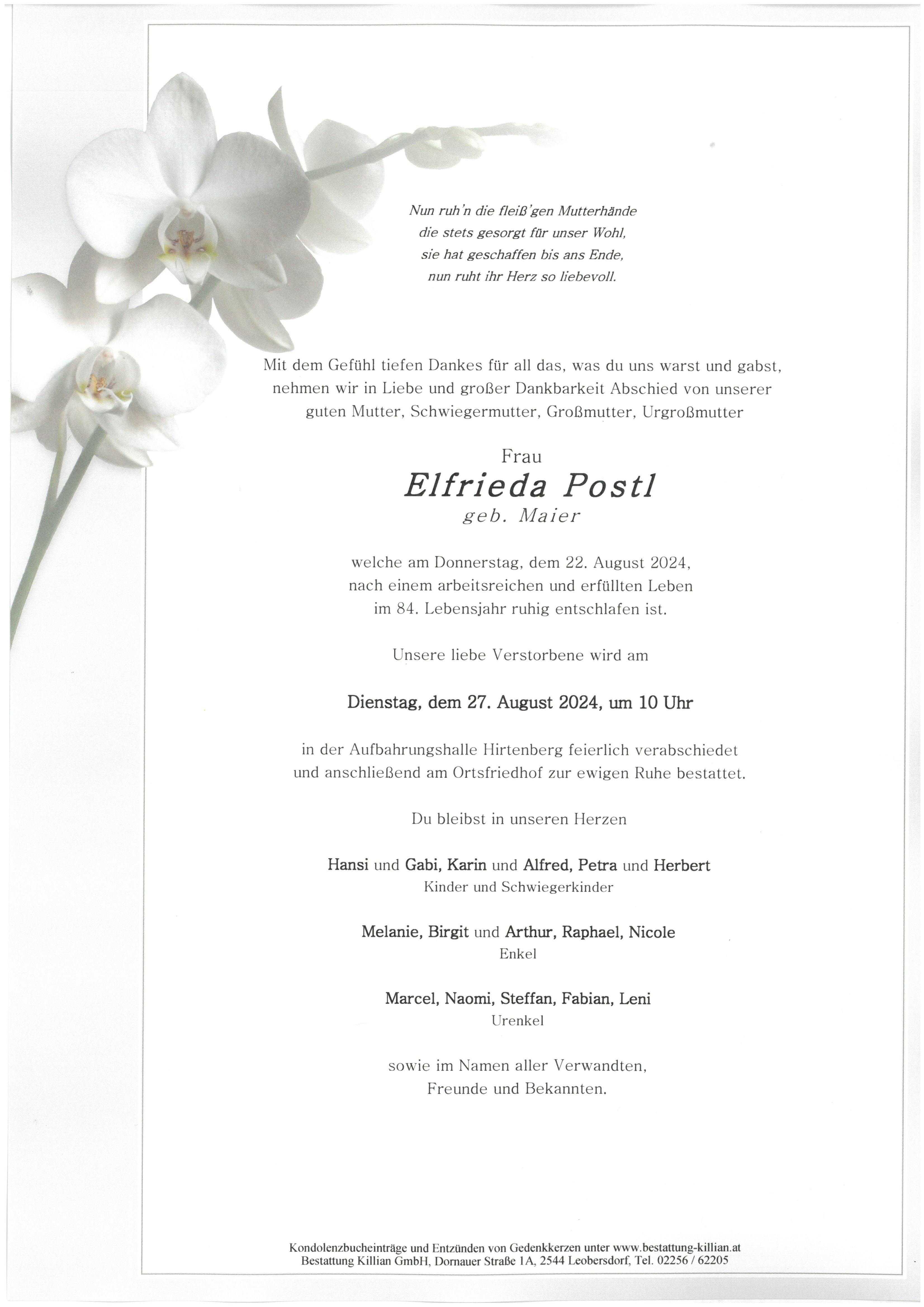Traueranzeige von Elfrieda Postl