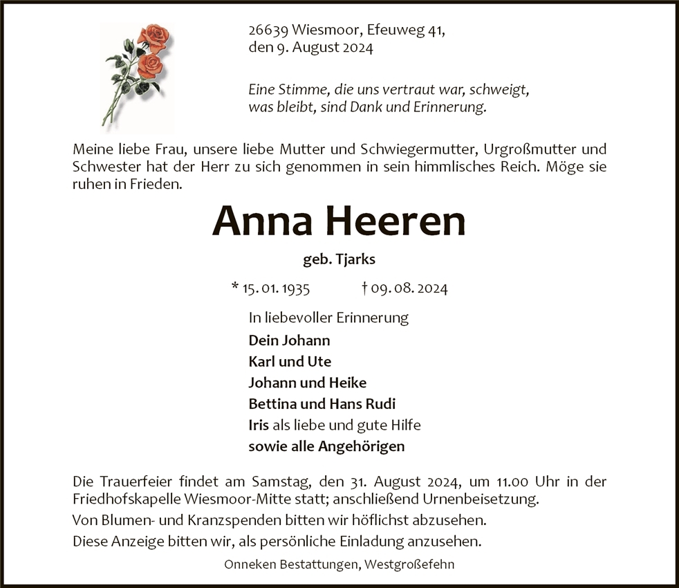 Traueranzeige von Anna Heeren