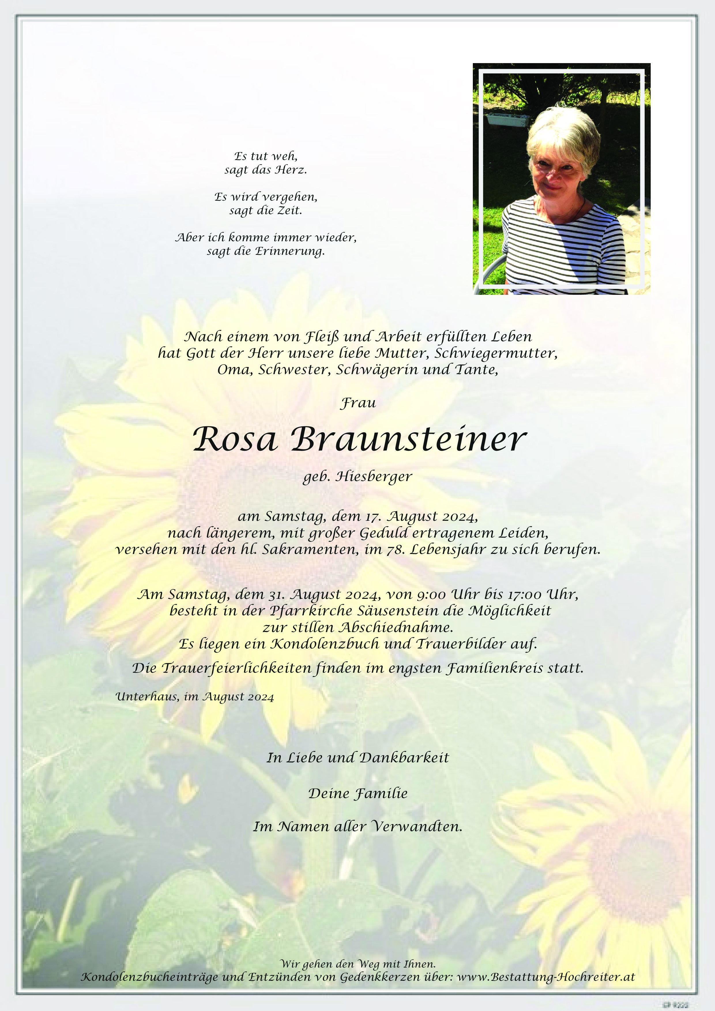 Traueranzeige von Braunsteiner Rosa