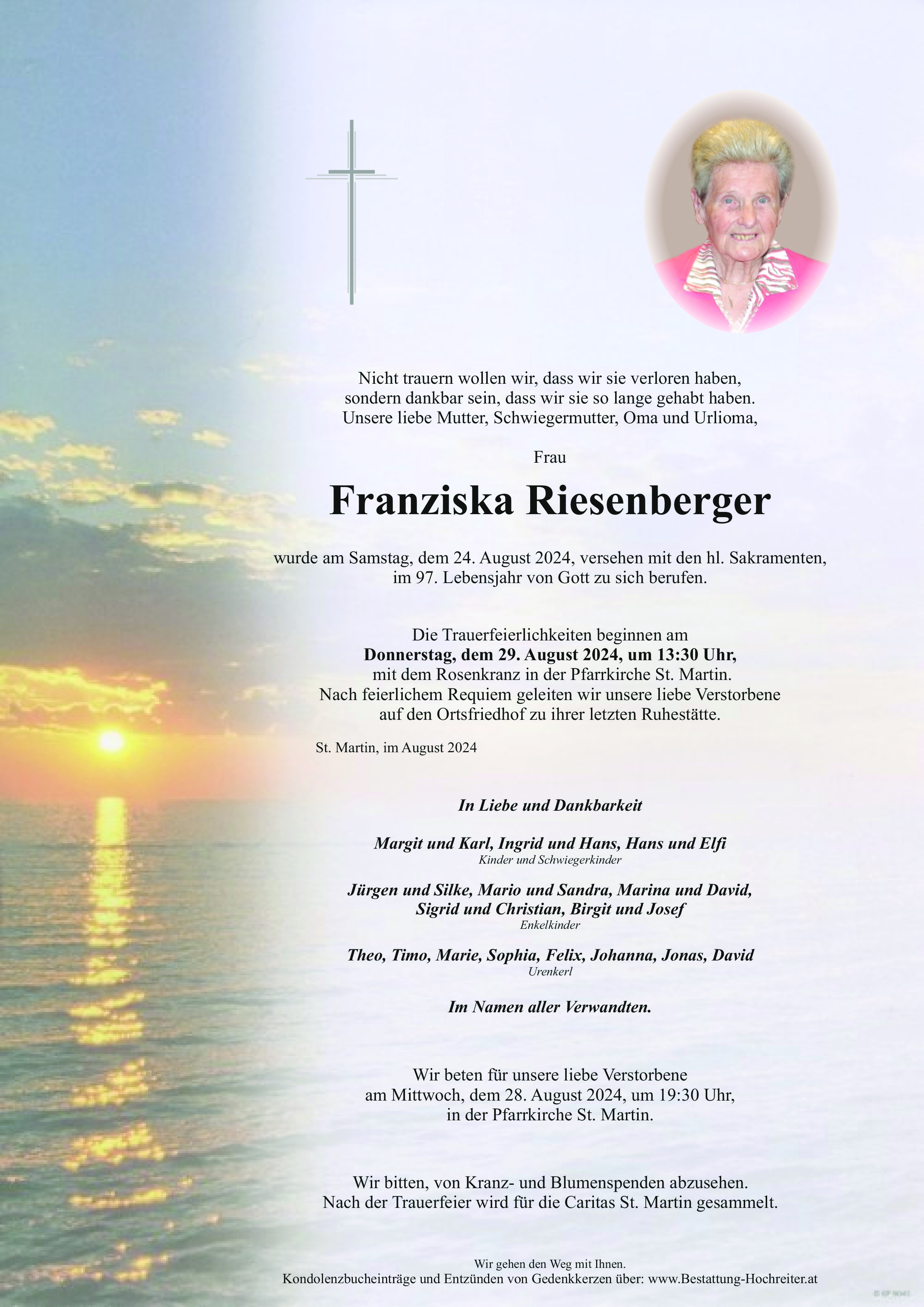 Traueranzeige von Franziska Riesenberger