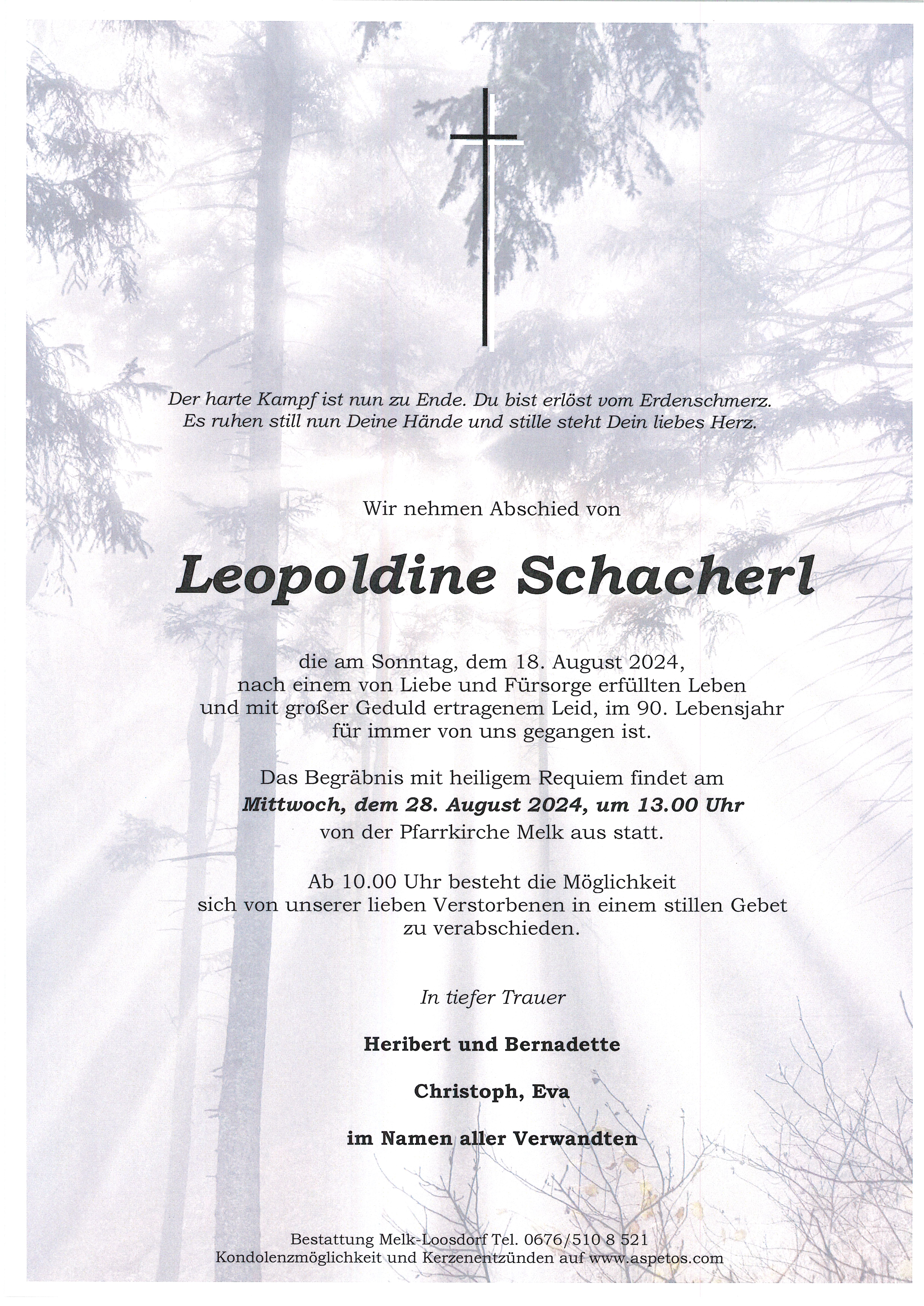 Traueranzeige von Leopoldine Schacherl