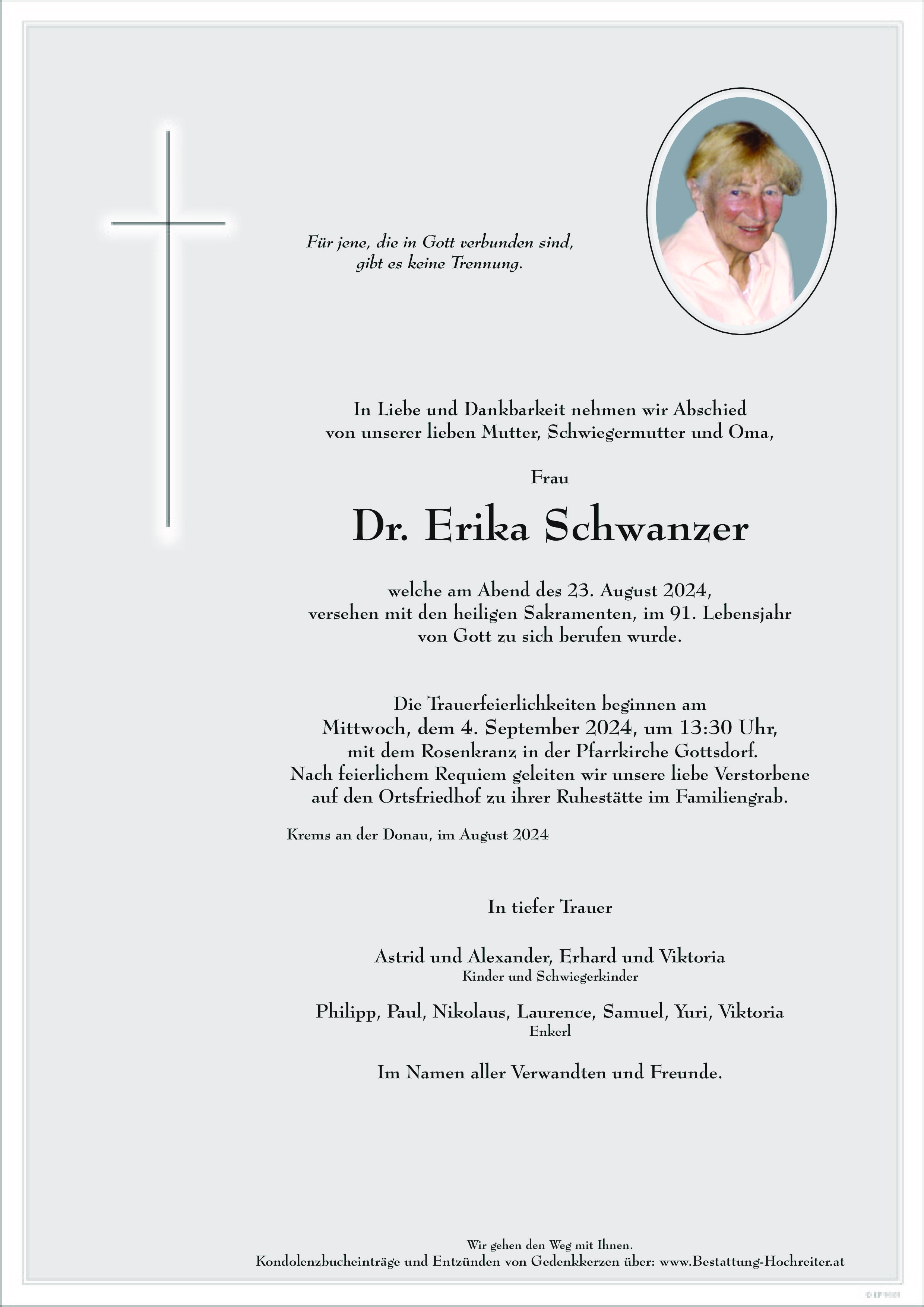 Traueranzeige von Dr. Erika Schwanzer