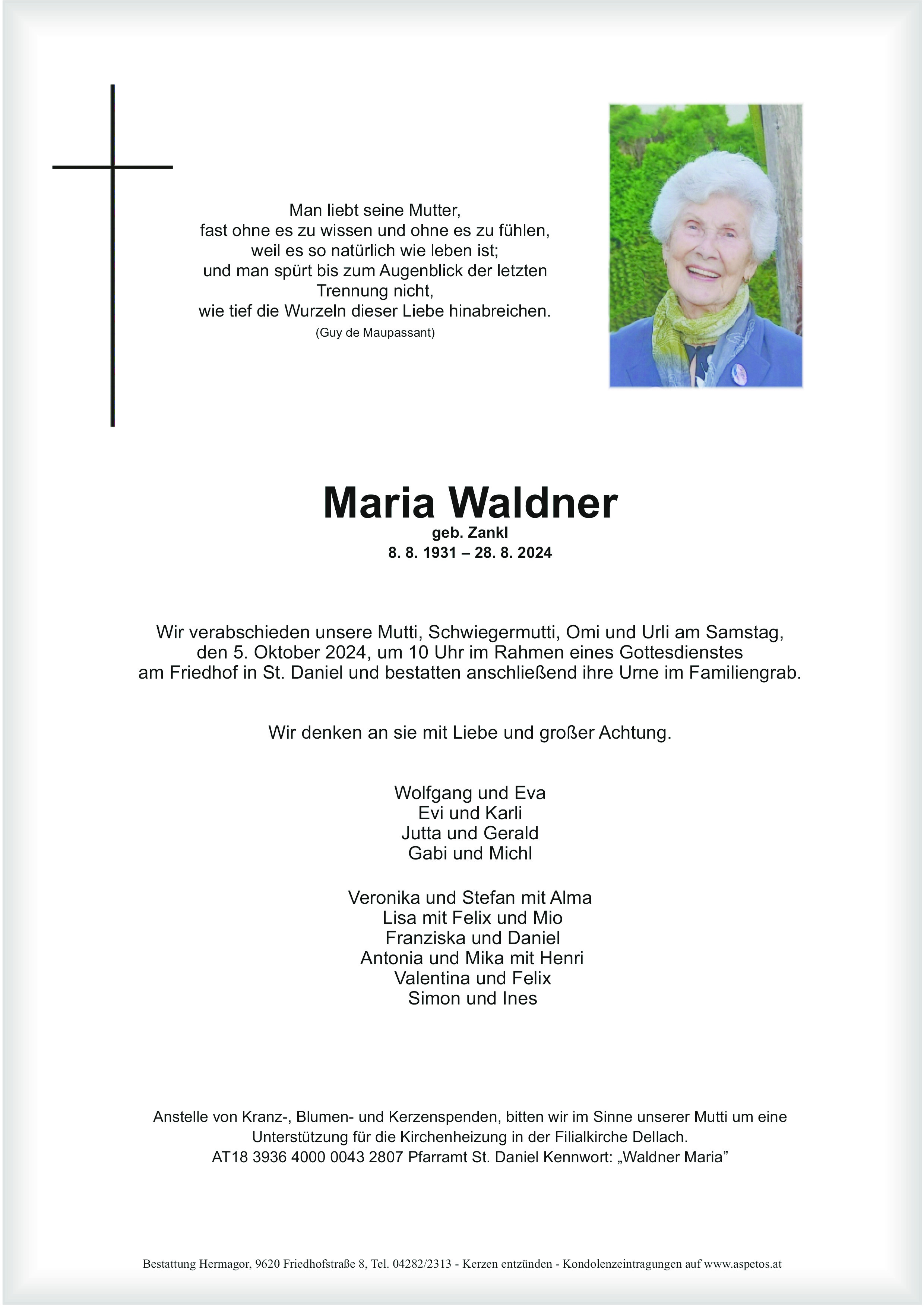 Traueranzeige von Maria Waldner