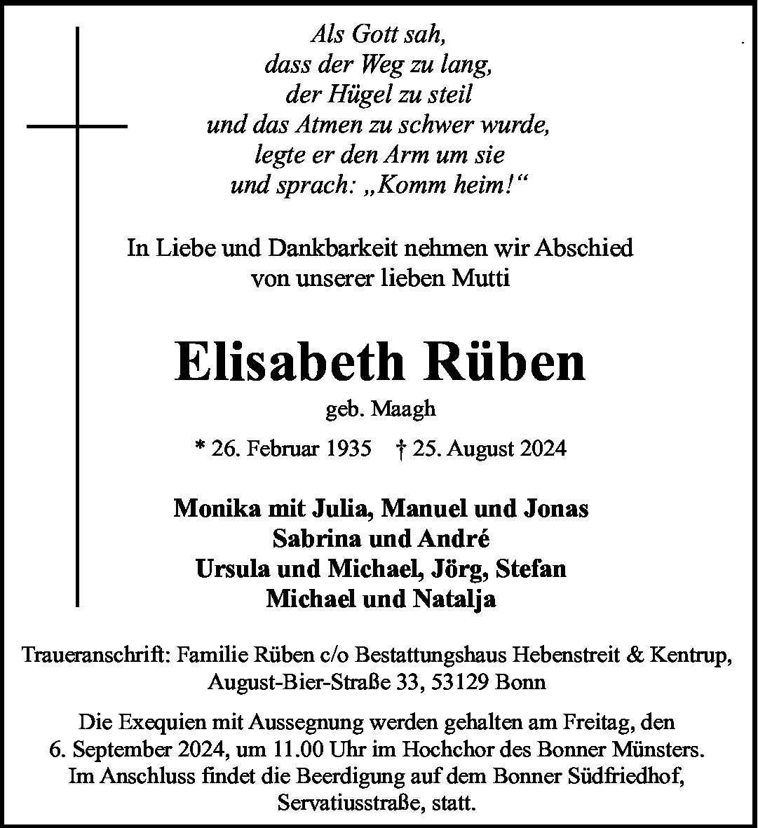 Traueranzeige von Elisabeth Rüben