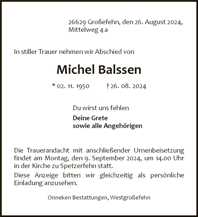 Traueranzeige von Michel Balssen