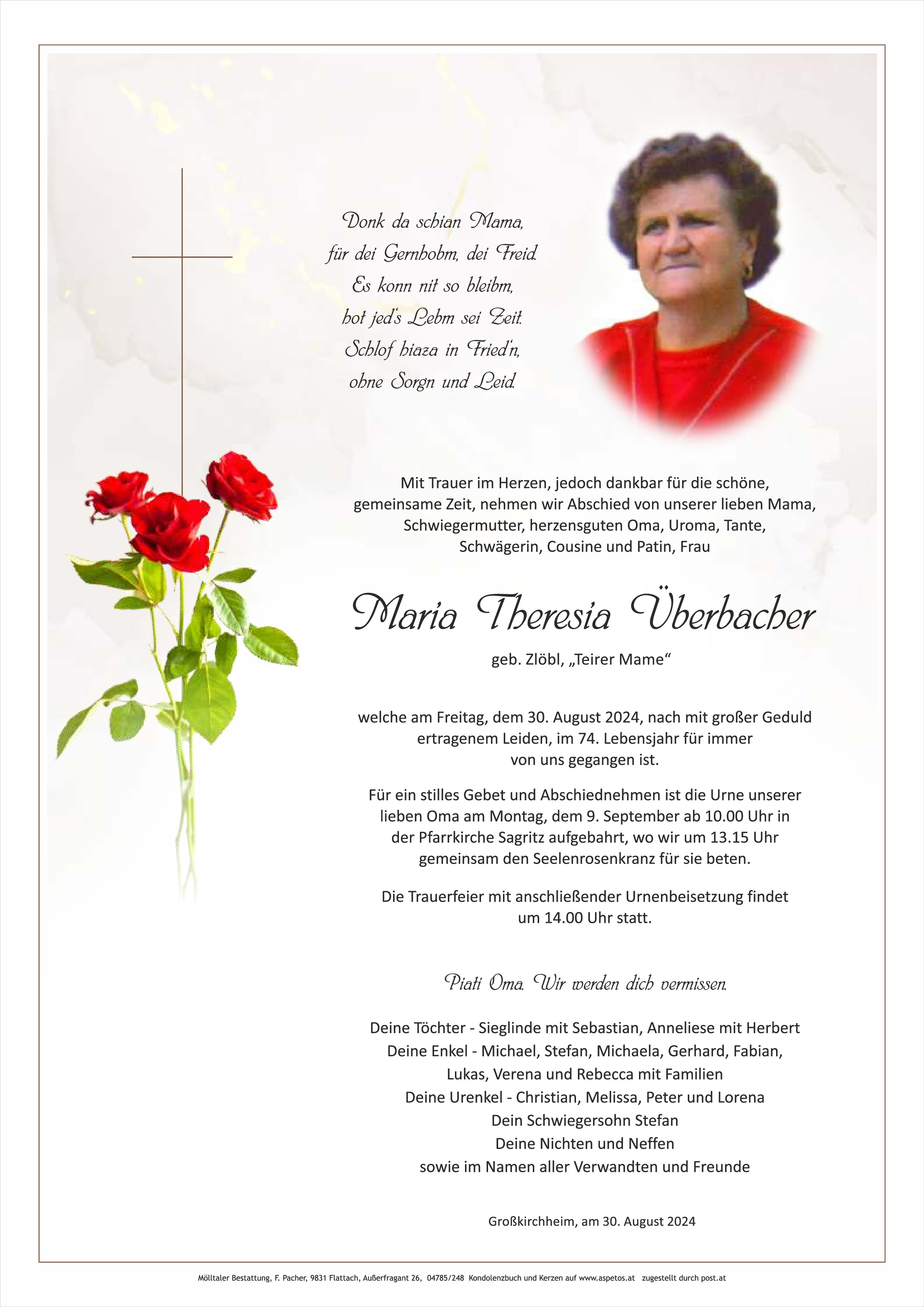 Traueranzeige von Maria Überbacher