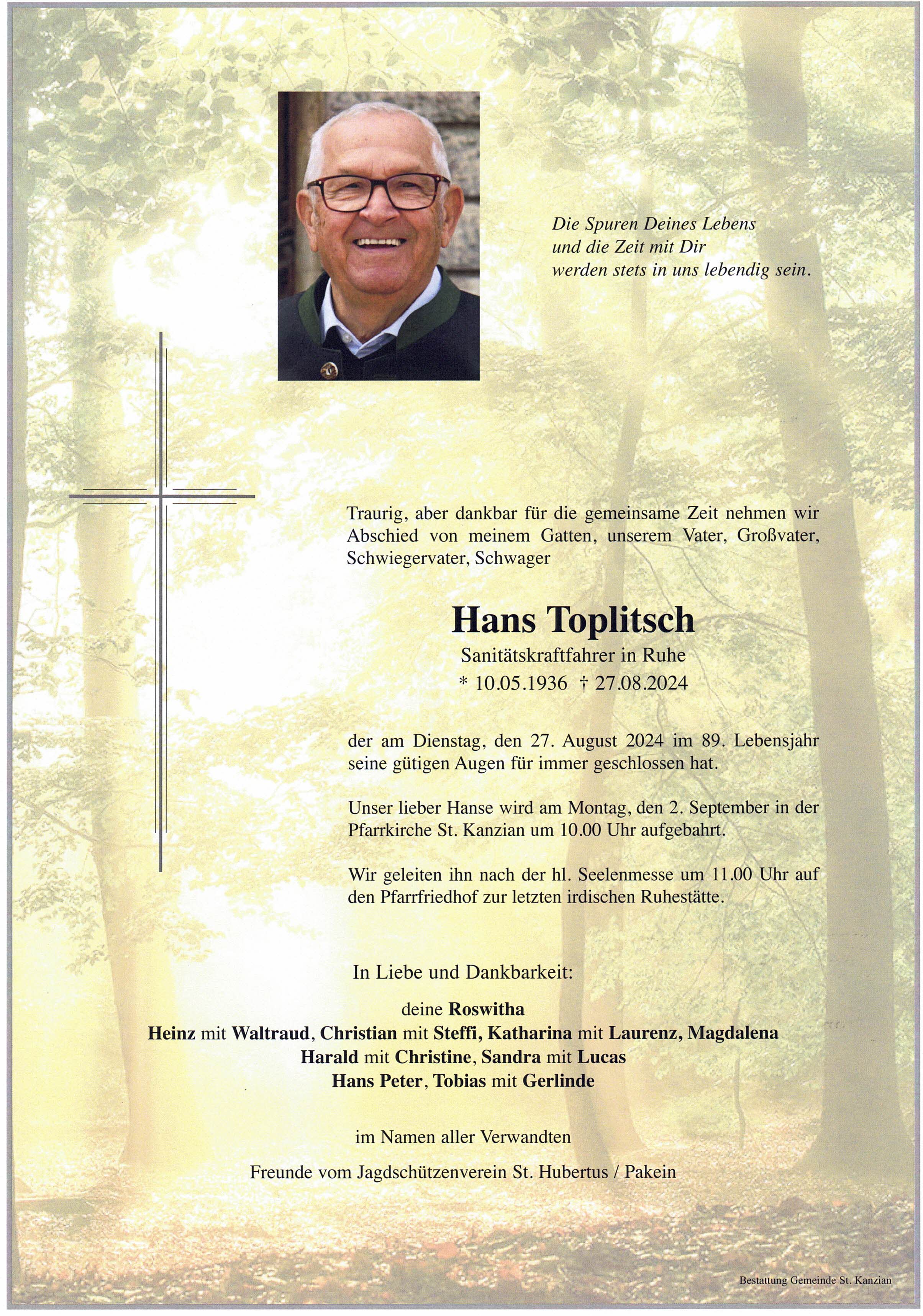 Traueranzeige von Hans Toplitsch