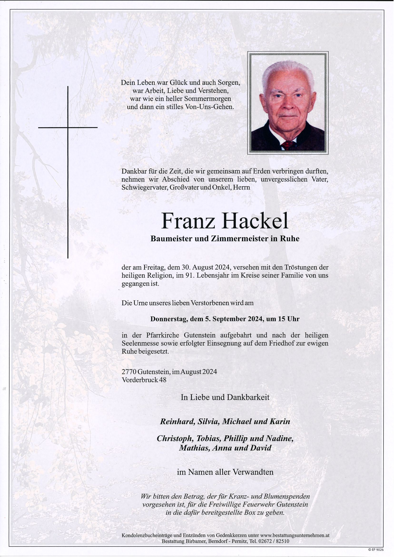 Traueranzeige von Baumeister und Zimmermeister i.R Franz Hackel