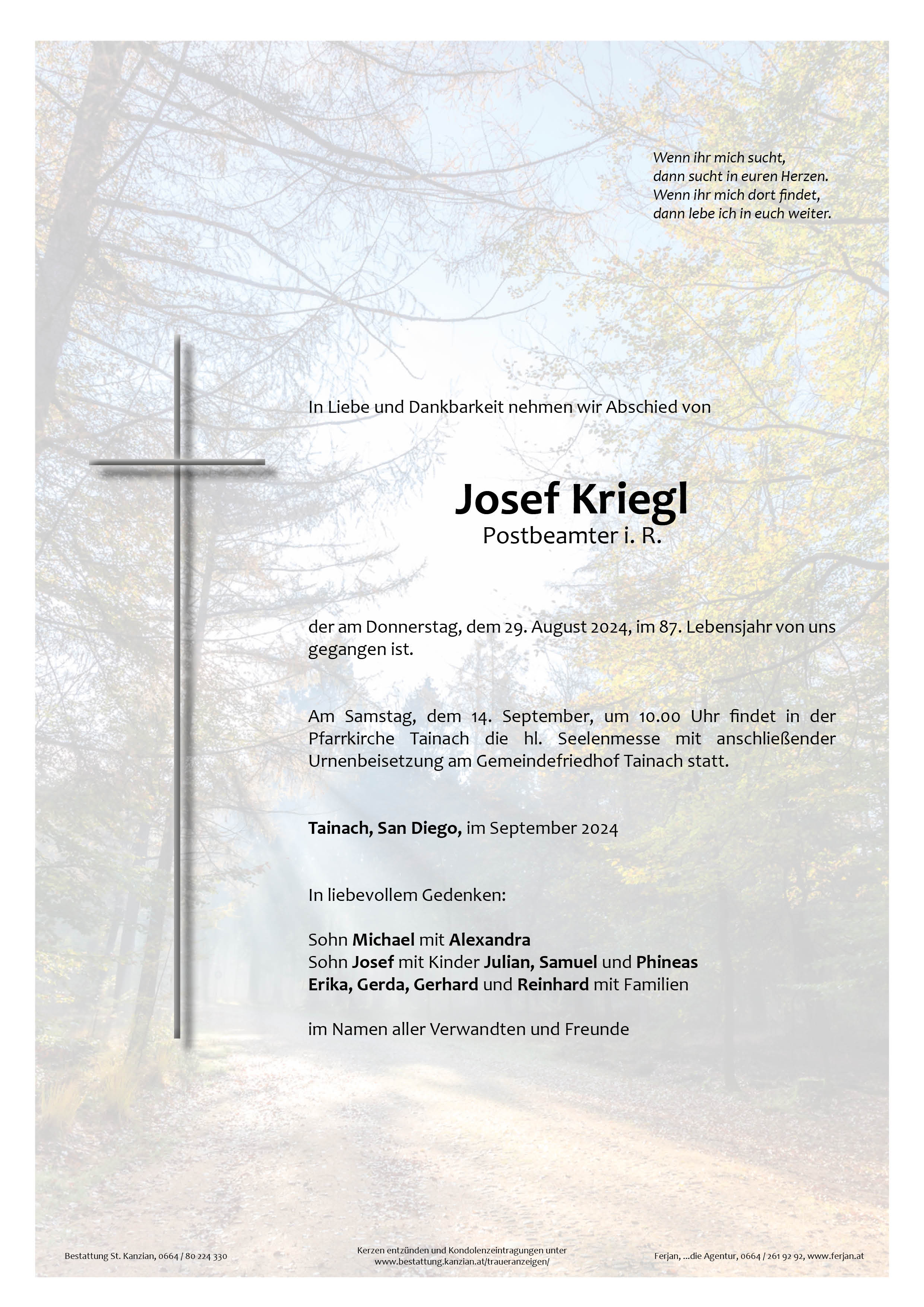 Traueranzeige von Josef Kriegl