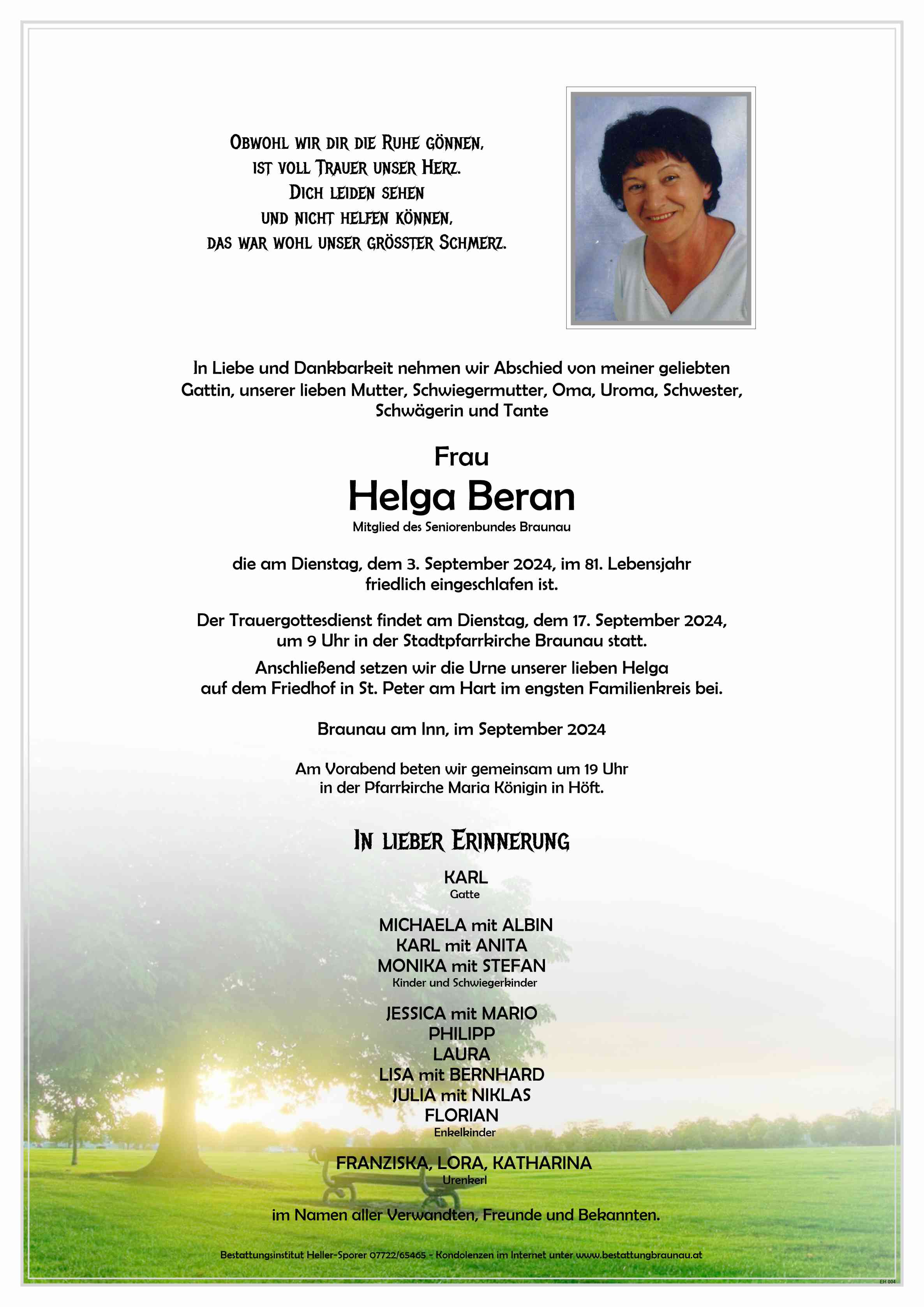 Traueranzeige von Helga Beran