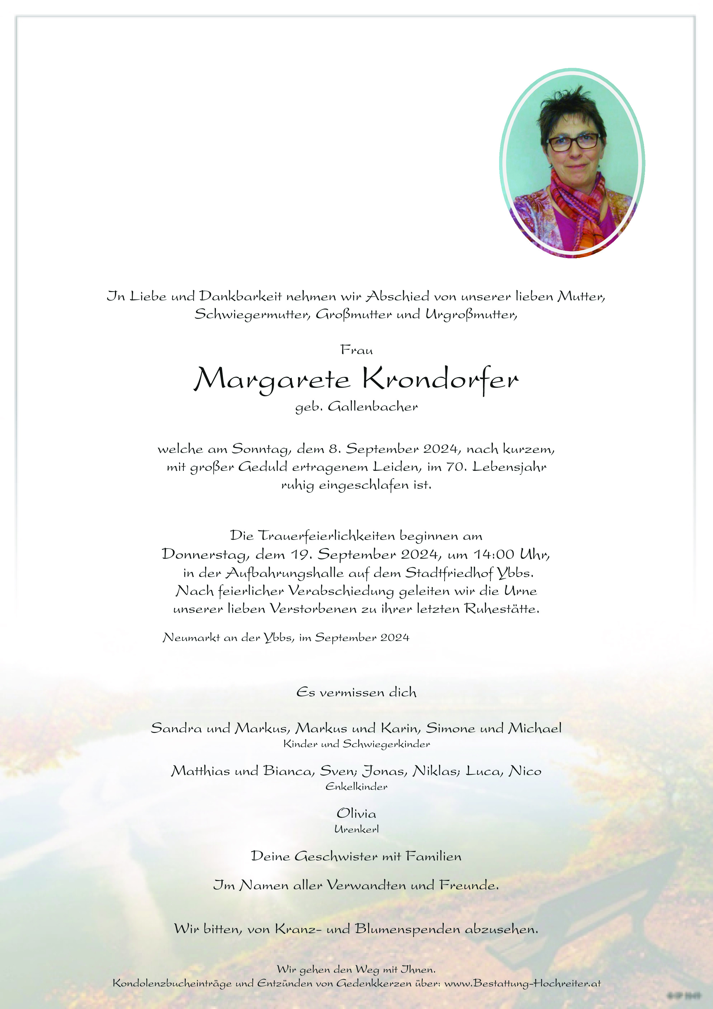 Traueranzeige von Margarete Krondorfer