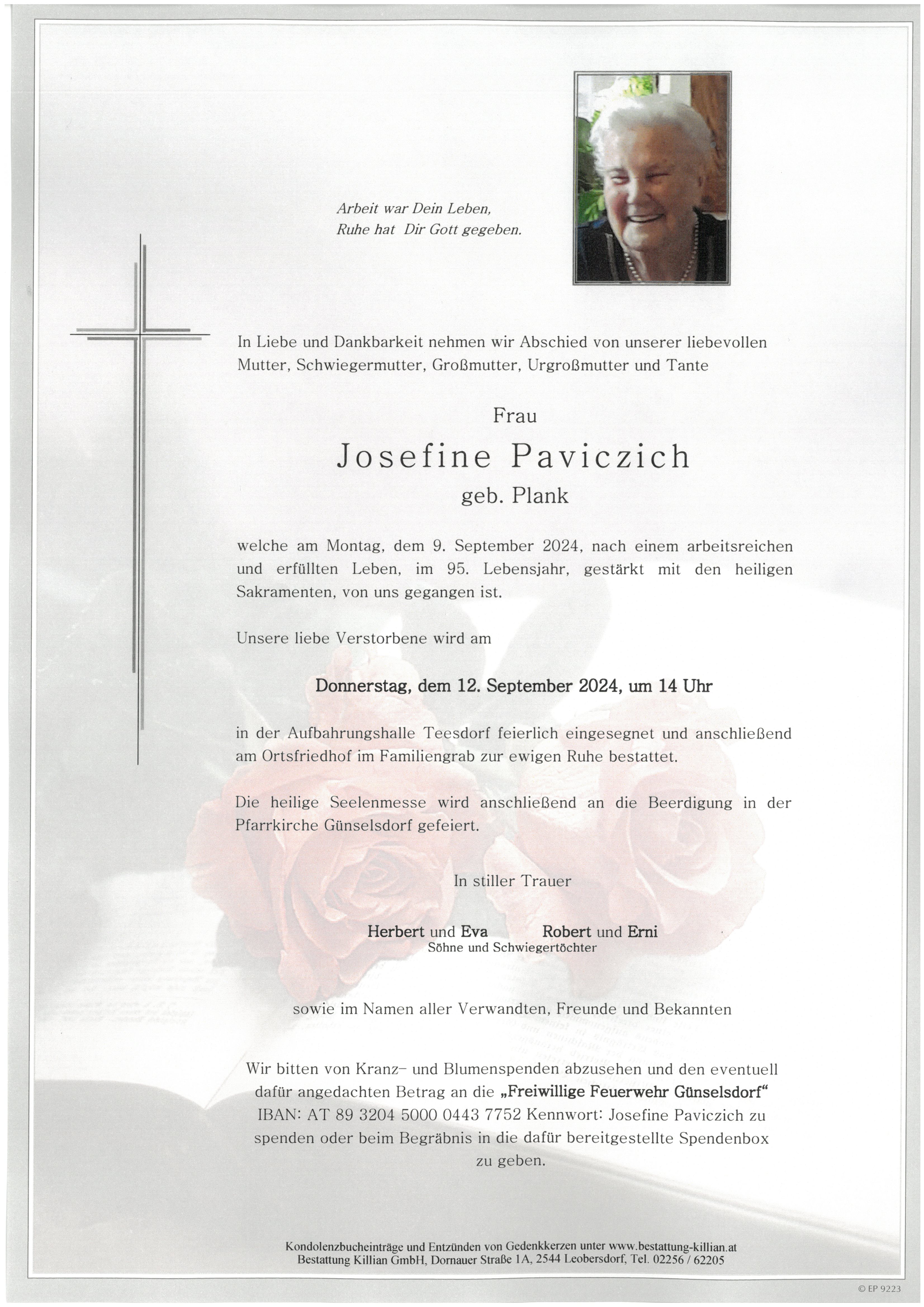 Traueranzeige von Josefine Paviczich
