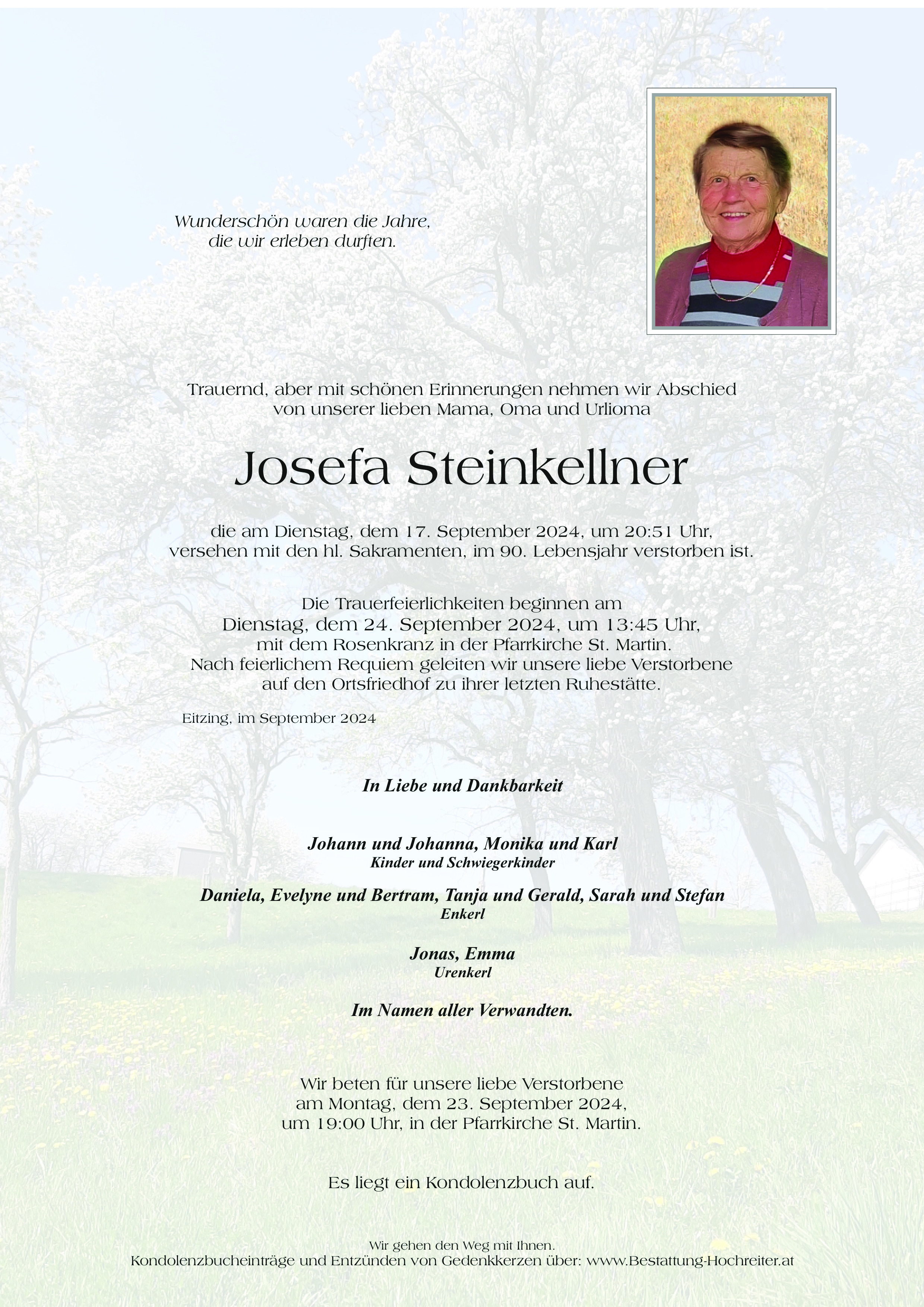 Traueranzeige von Josefa Steinkellner