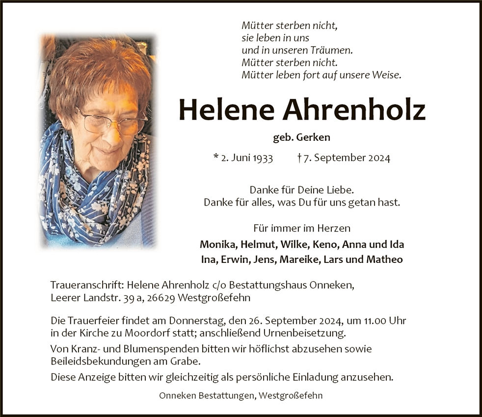 Traueranzeige von Helene Ahrenholz