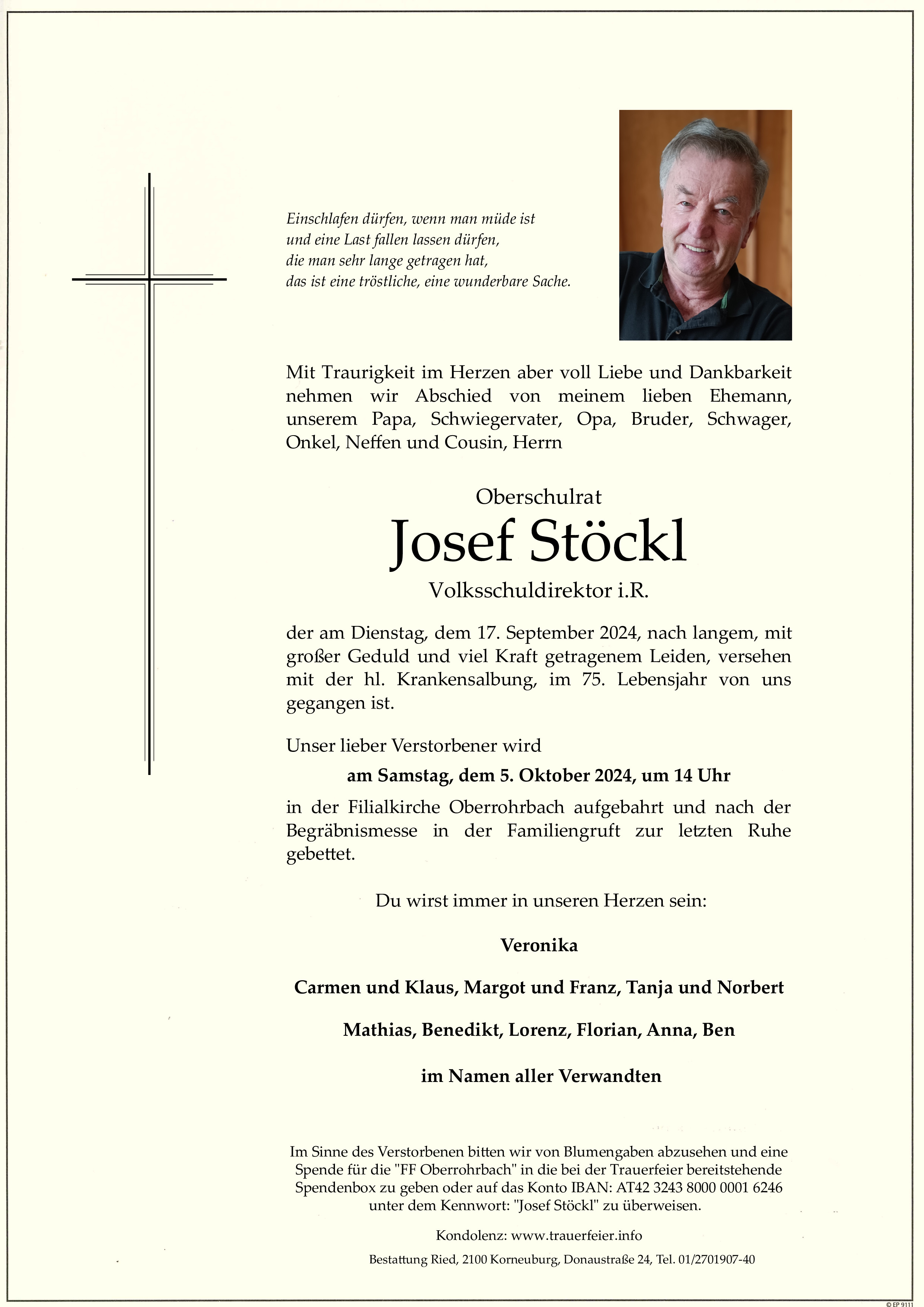 Traueranzeige von Oberschulrat Josef Stöckl