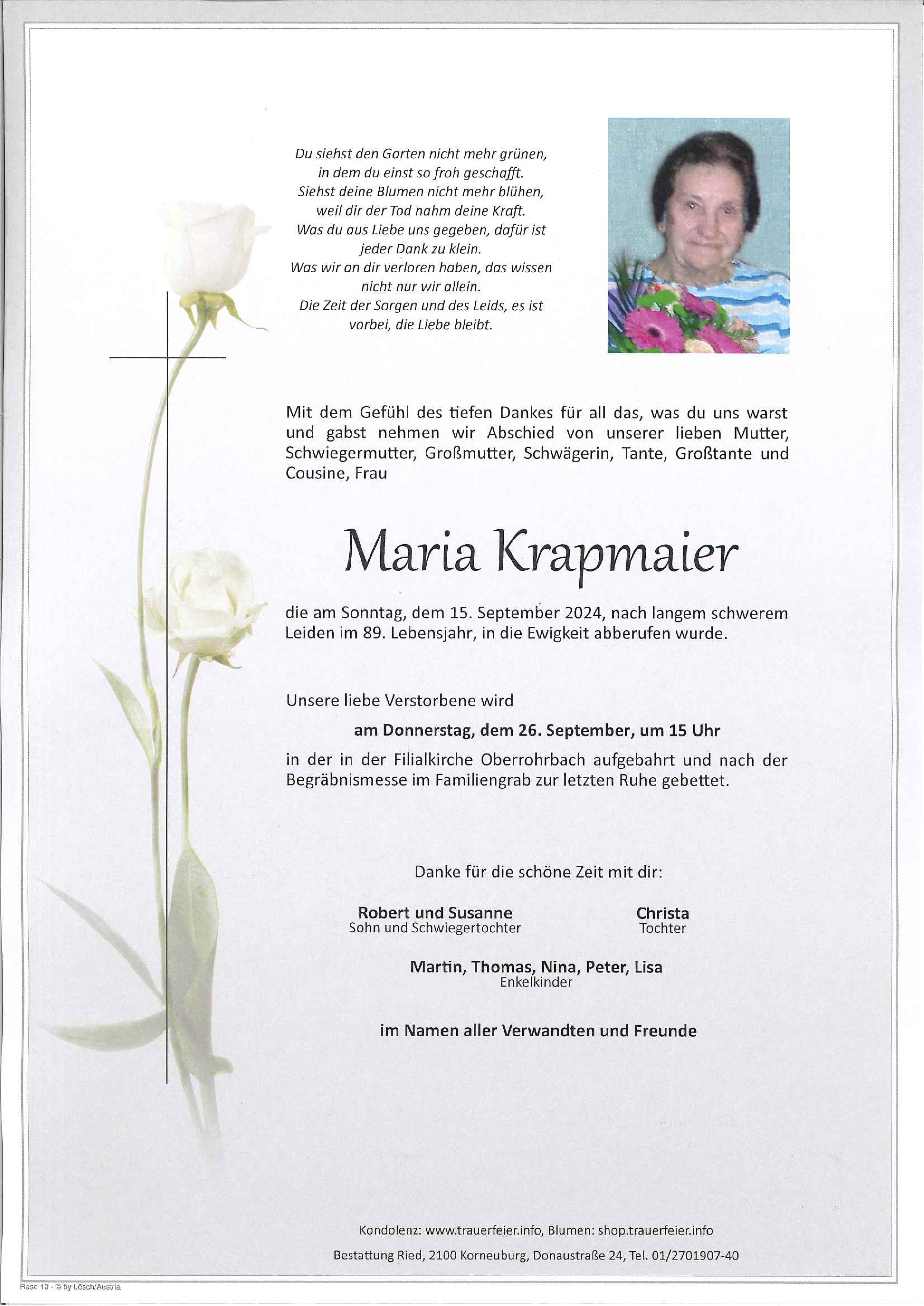 Traueranzeige von Maria Krapmaier