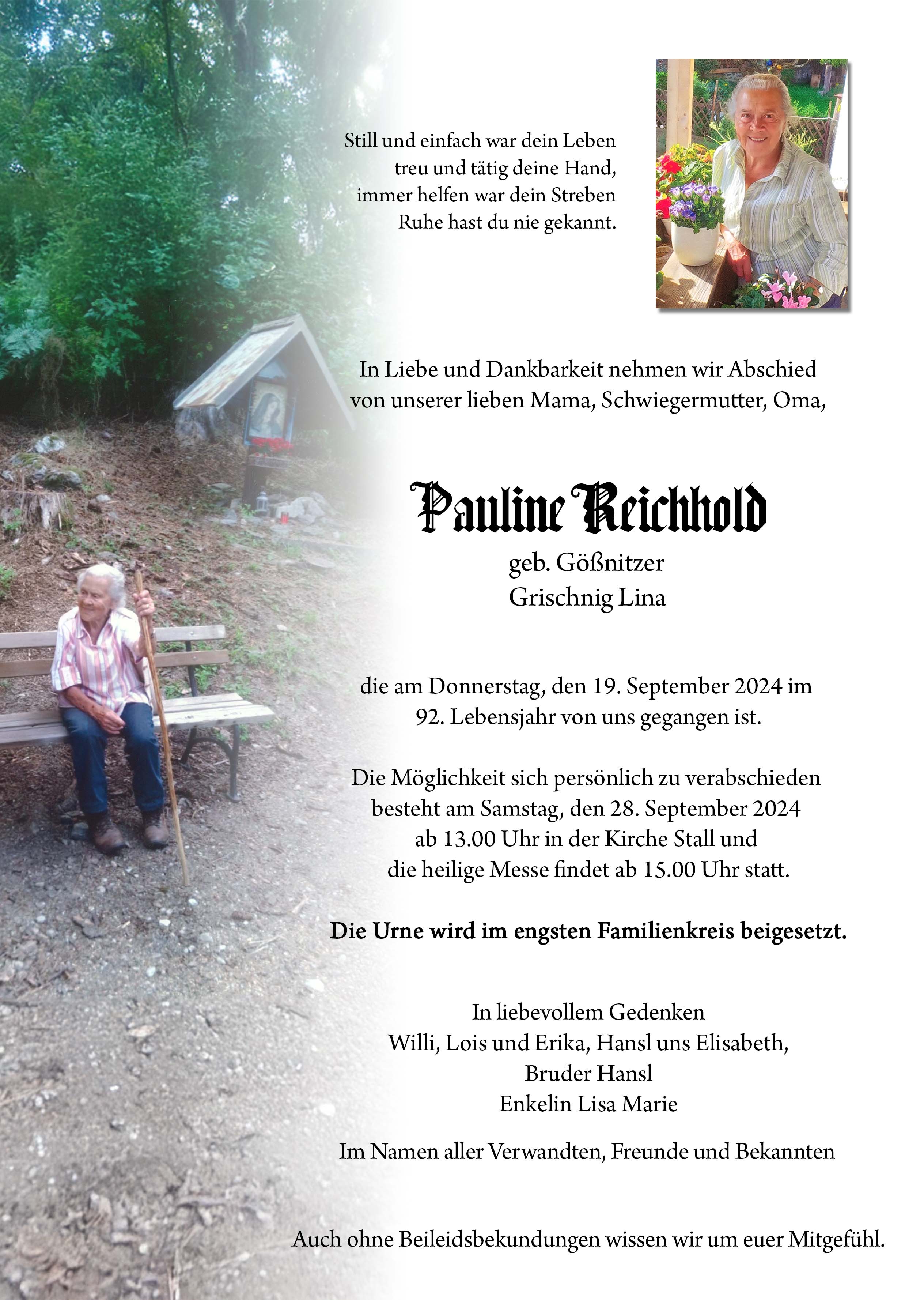 Traueranzeige von Pauline Reichhold