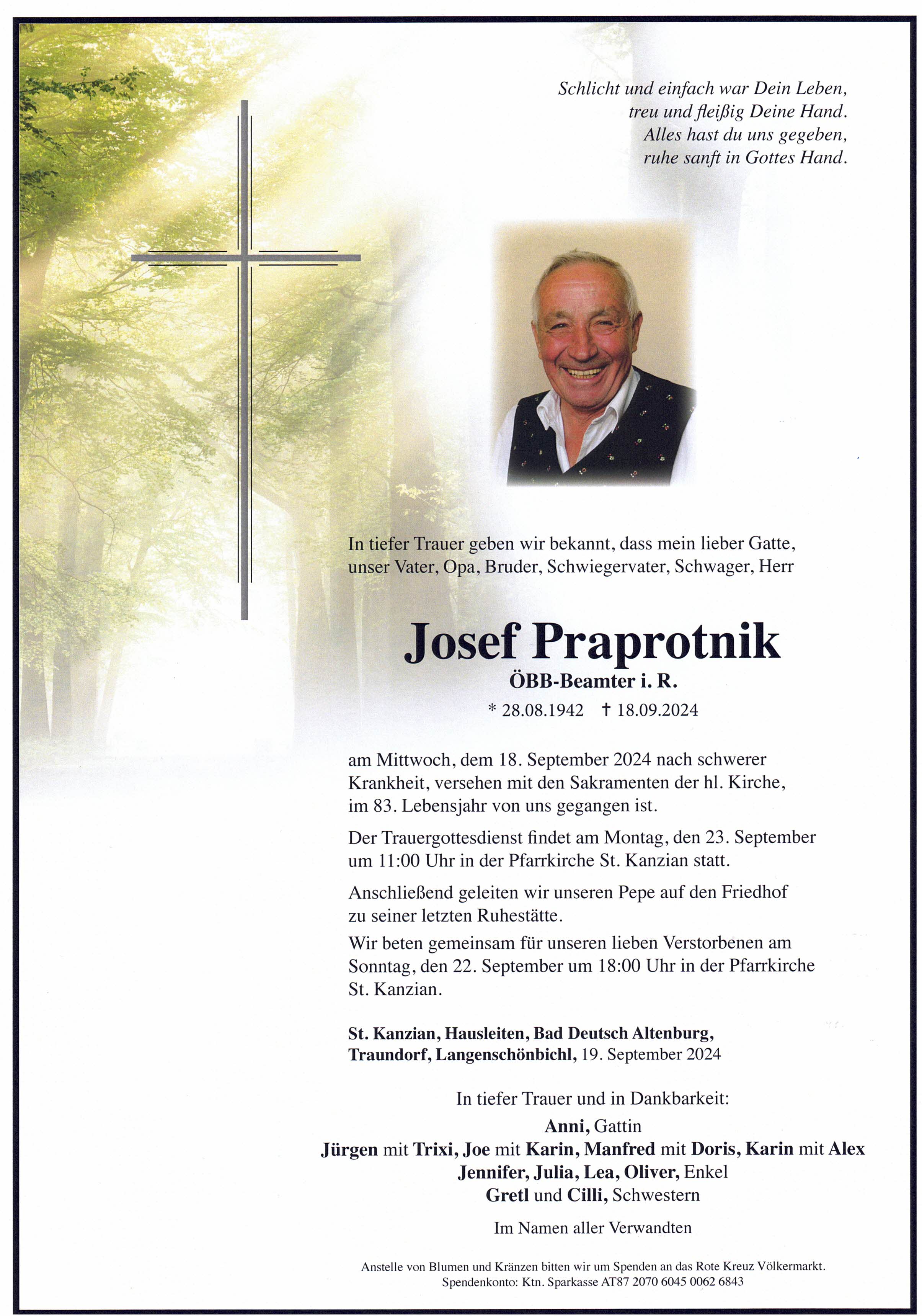Traueranzeige von Josef Praprotnik