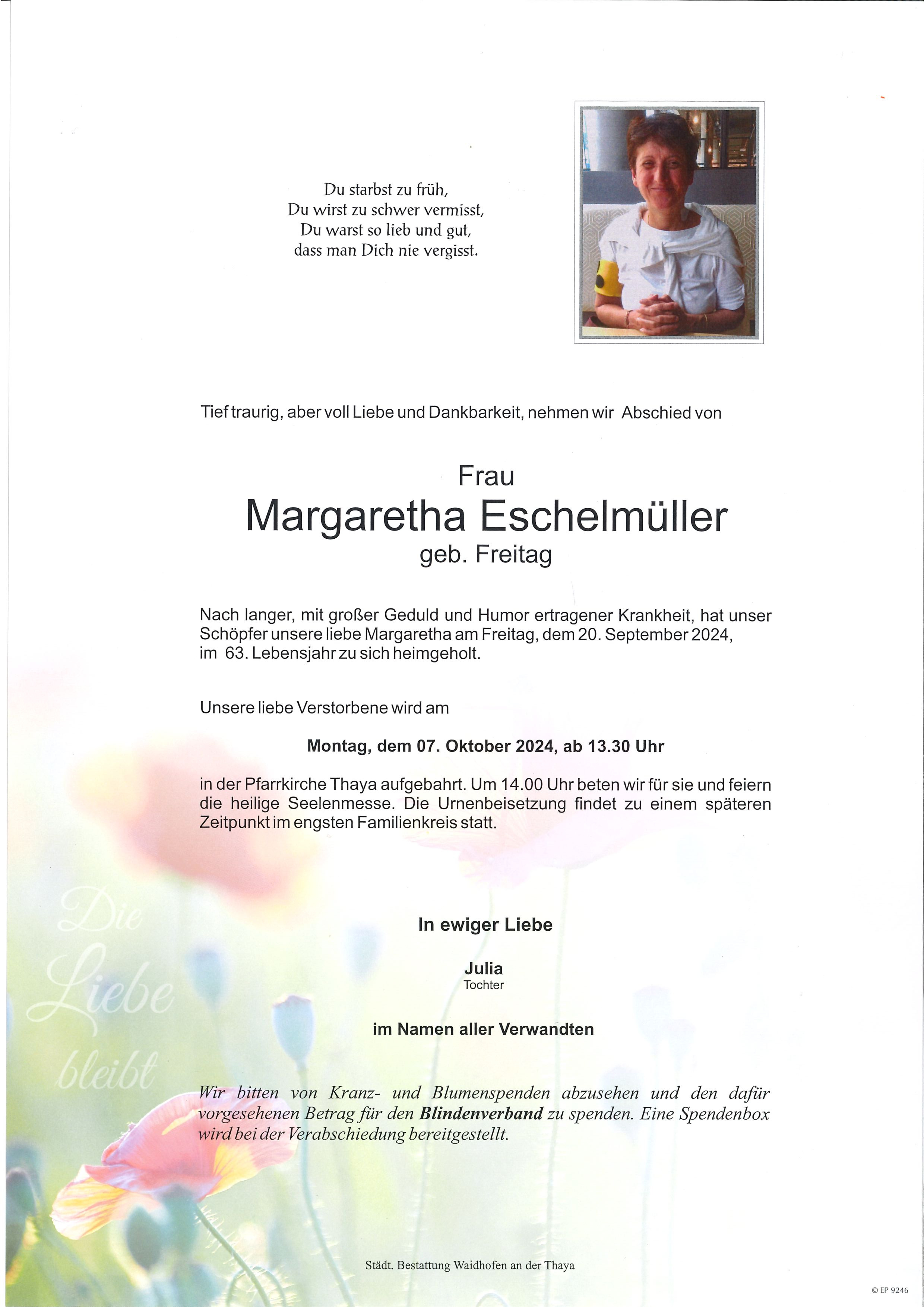 Traueranzeige von Margaretha Eschelmüller