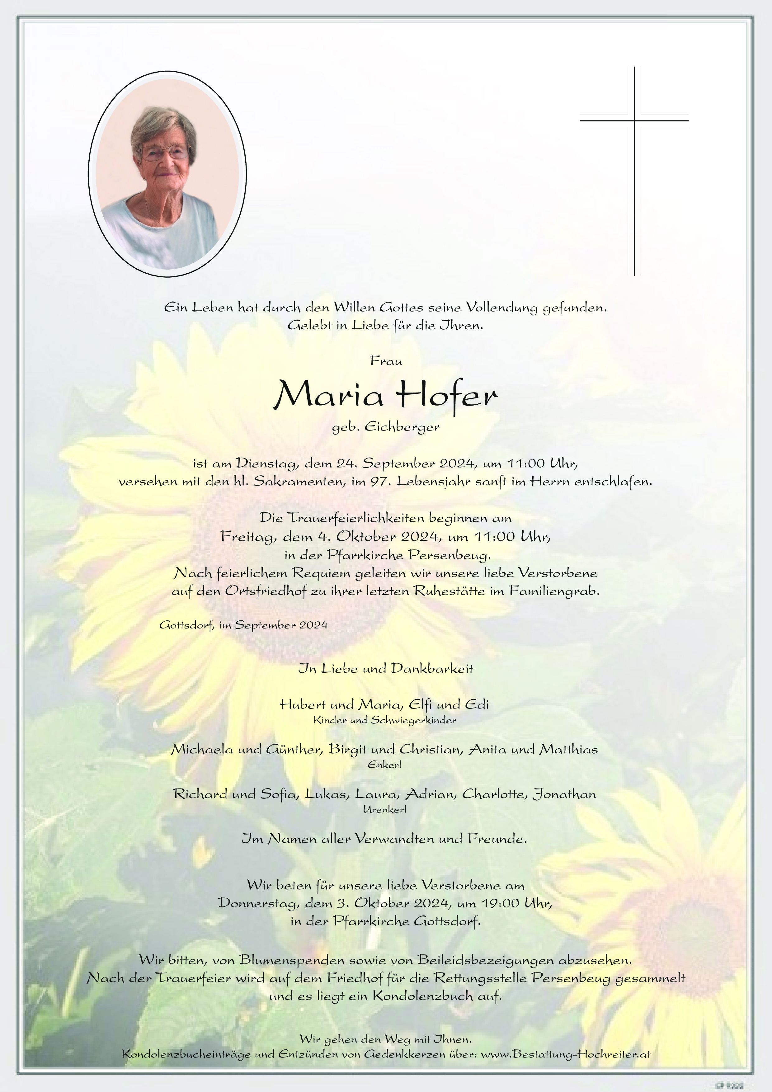 Traueranzeige von Maria Hofer