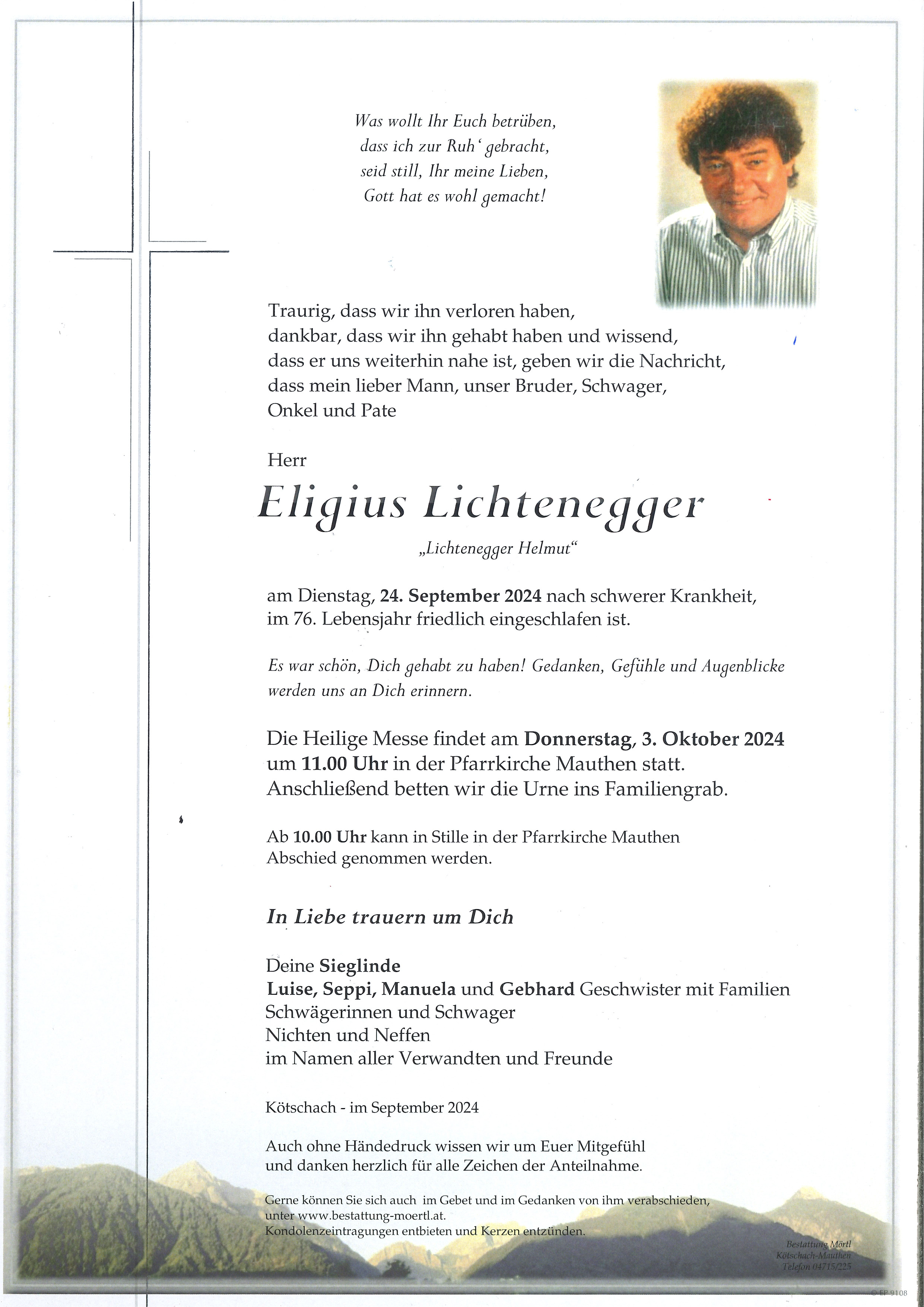 Traueranzeige von Eligius "Helmut" Lichtenegger