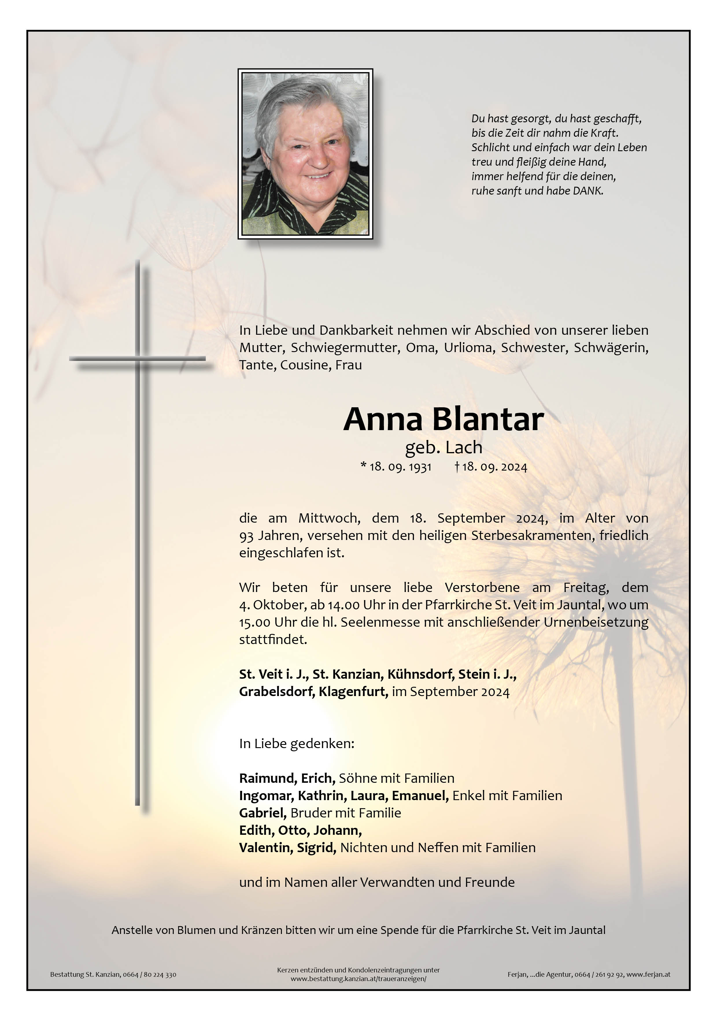 Traueranzeige von Anna Blantar