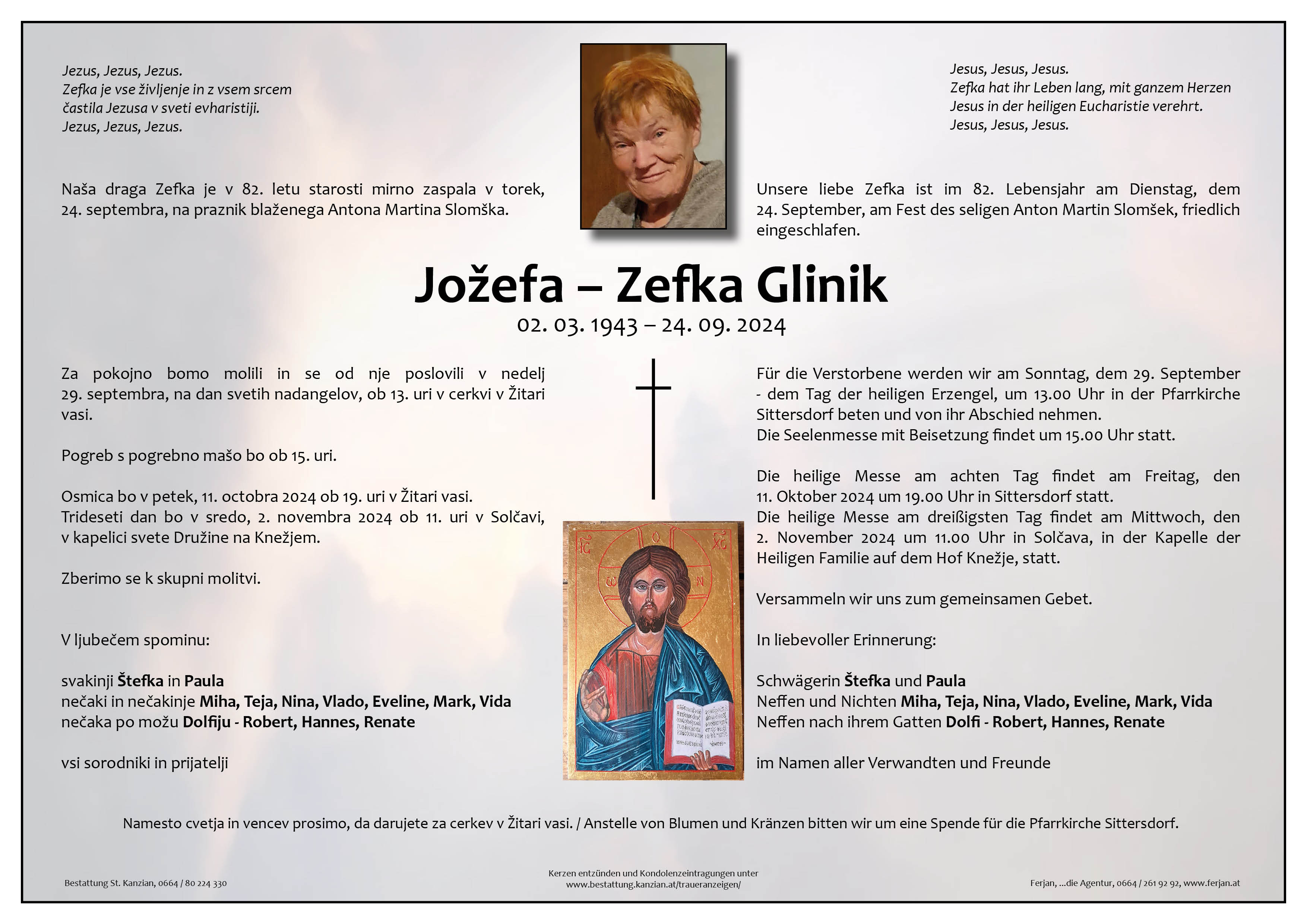 Traueranzeige von Jozefa - Zefka Glinik