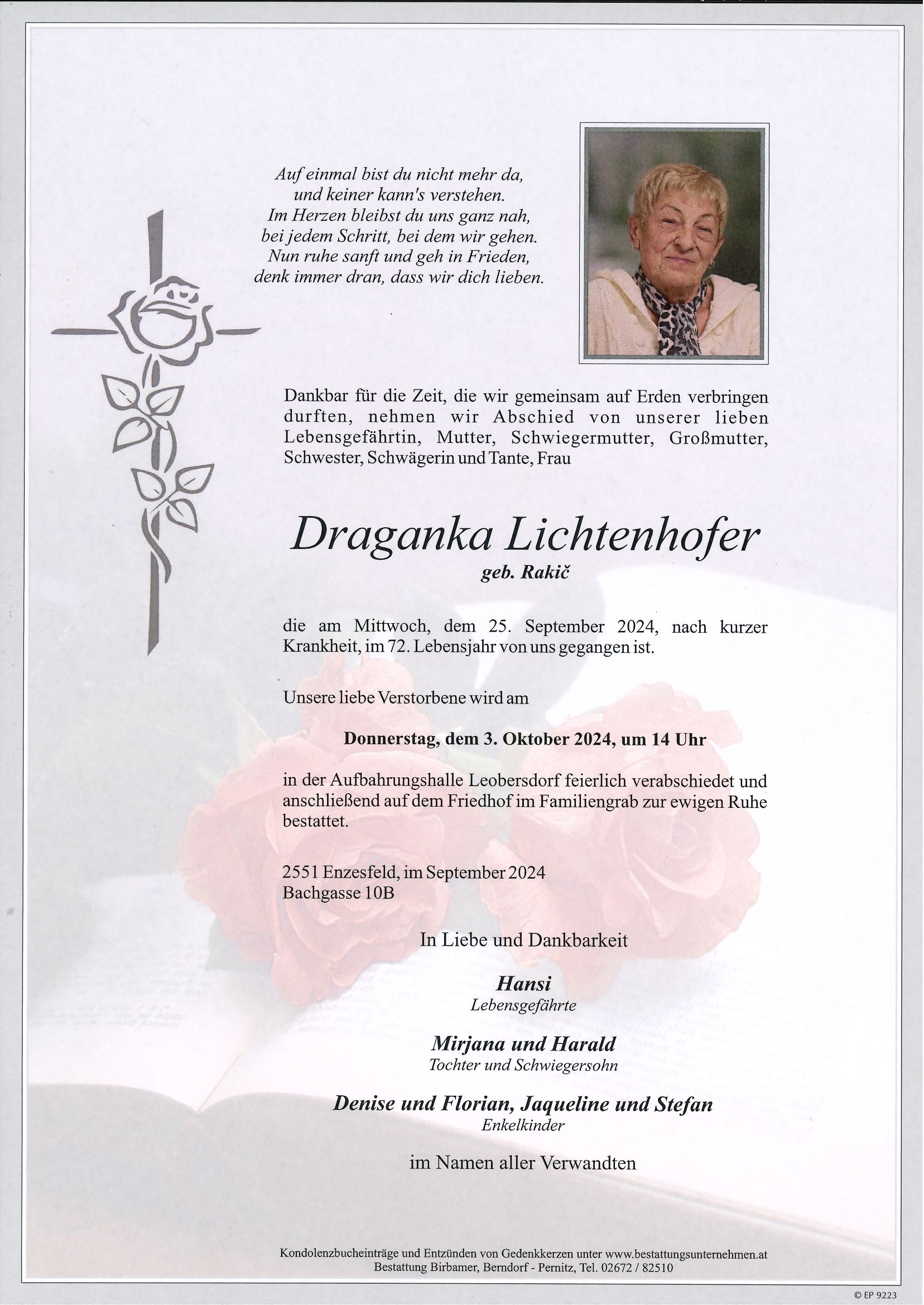 Traueranzeige von Draganka Lichtenhofer