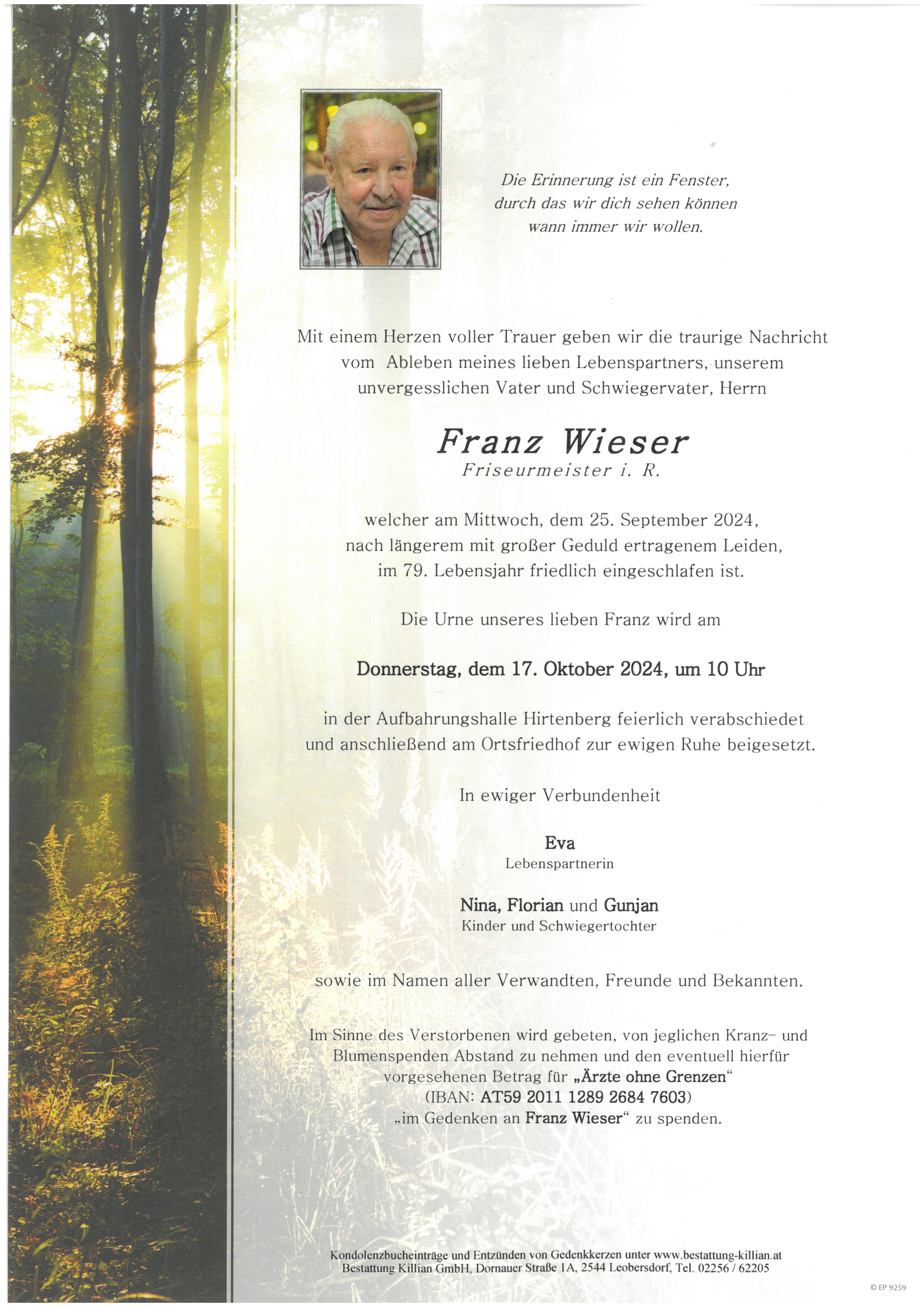 Traueranzeige von Franz Wieser