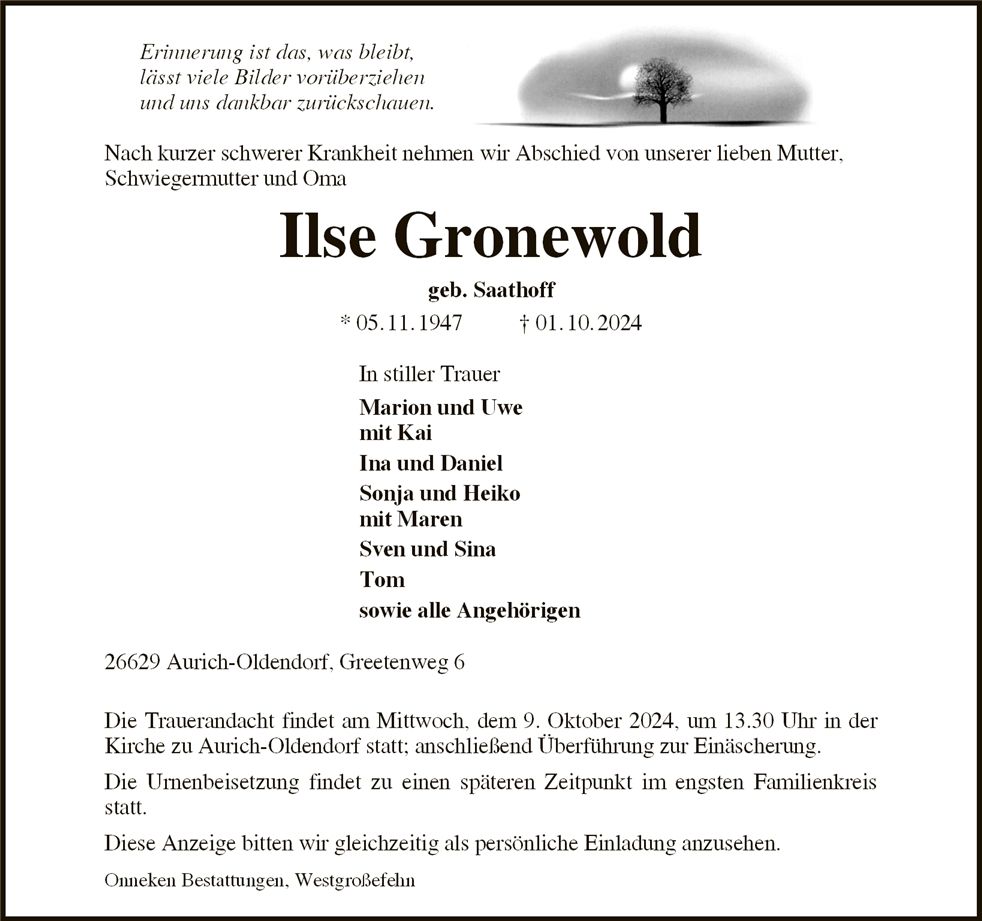 Traueranzeige von Ilse Gronewold