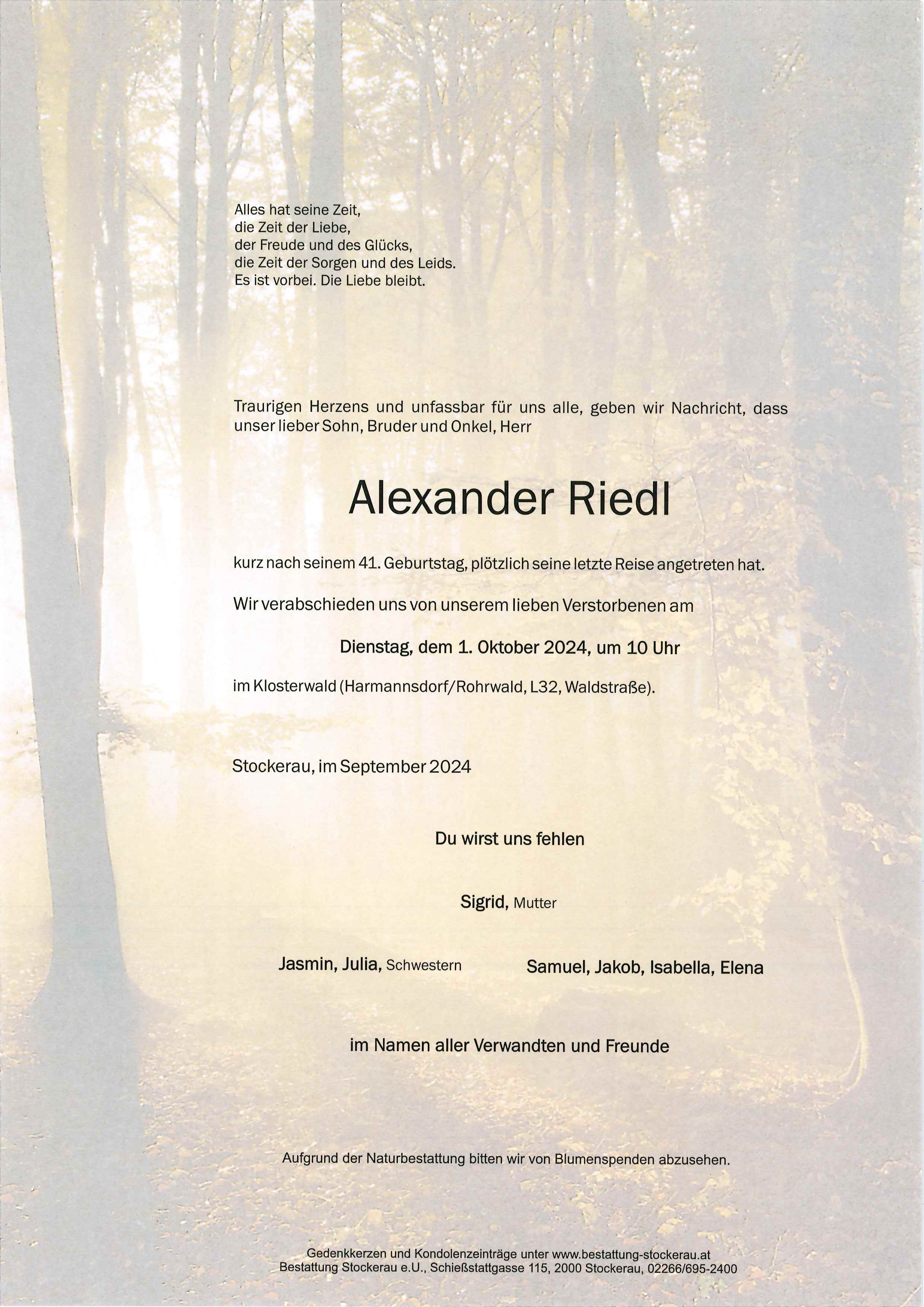 Traueranzeige von Alexander Riedl