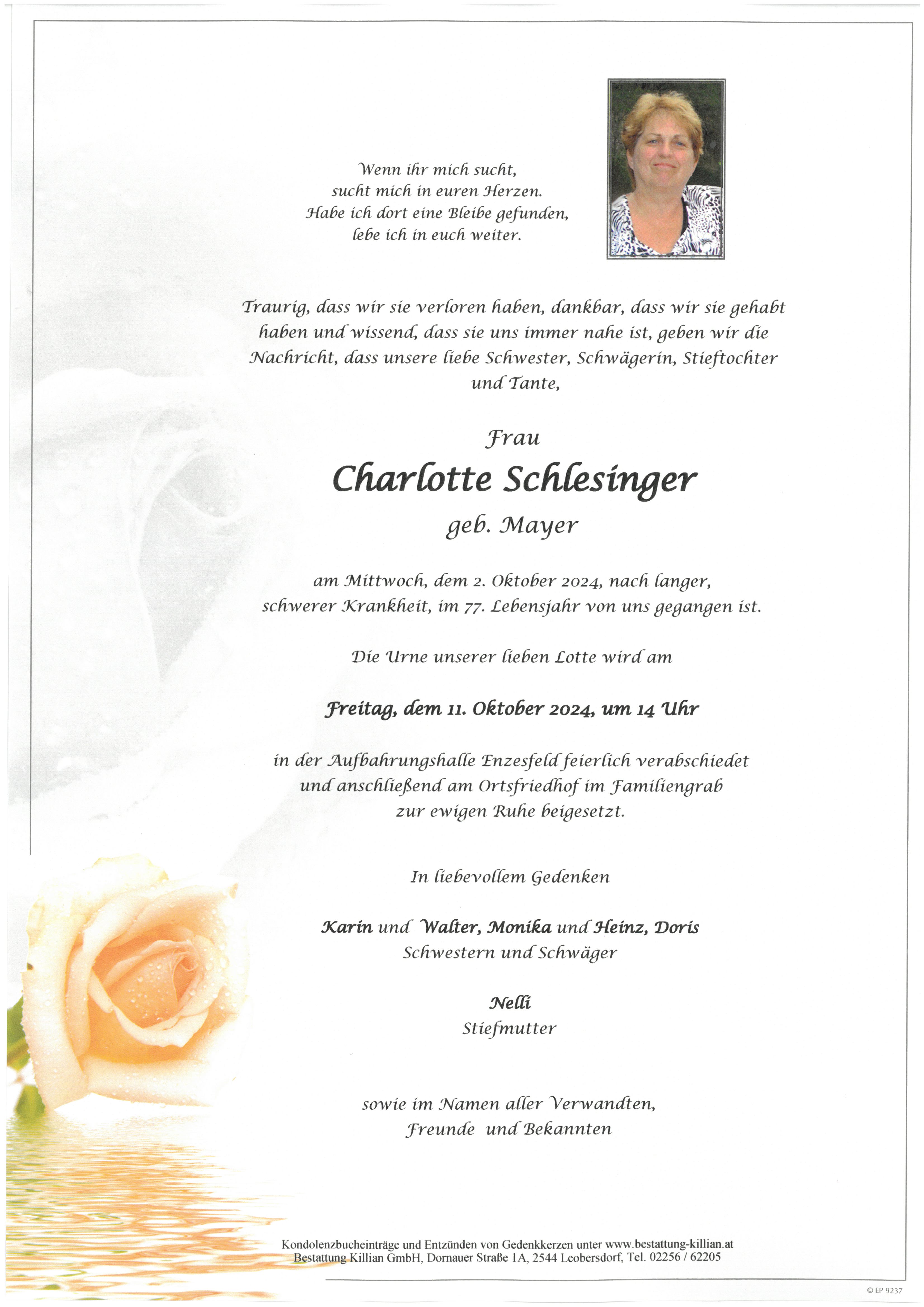 Traueranzeige von Charlotte Schlesinger