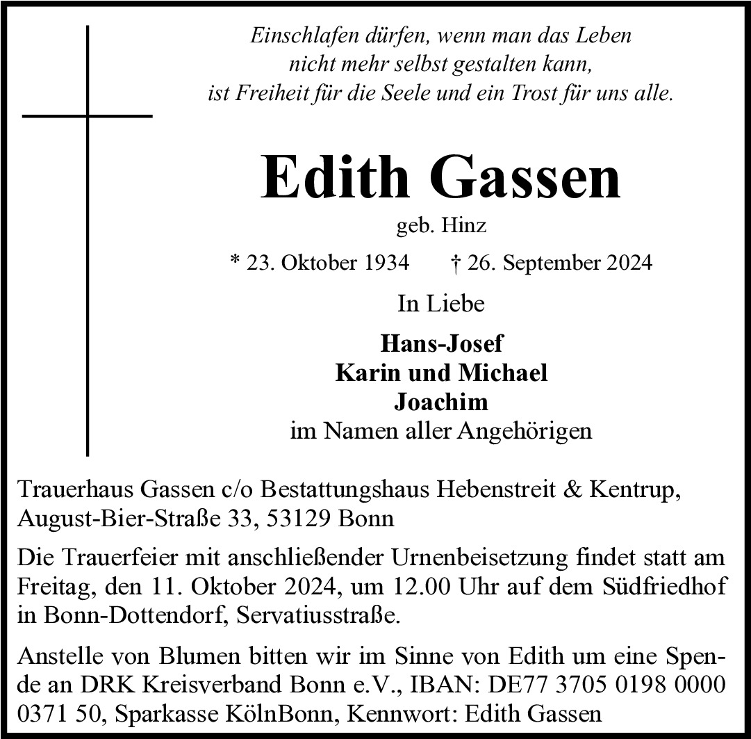 Traueranzeige von Edith Gassen
