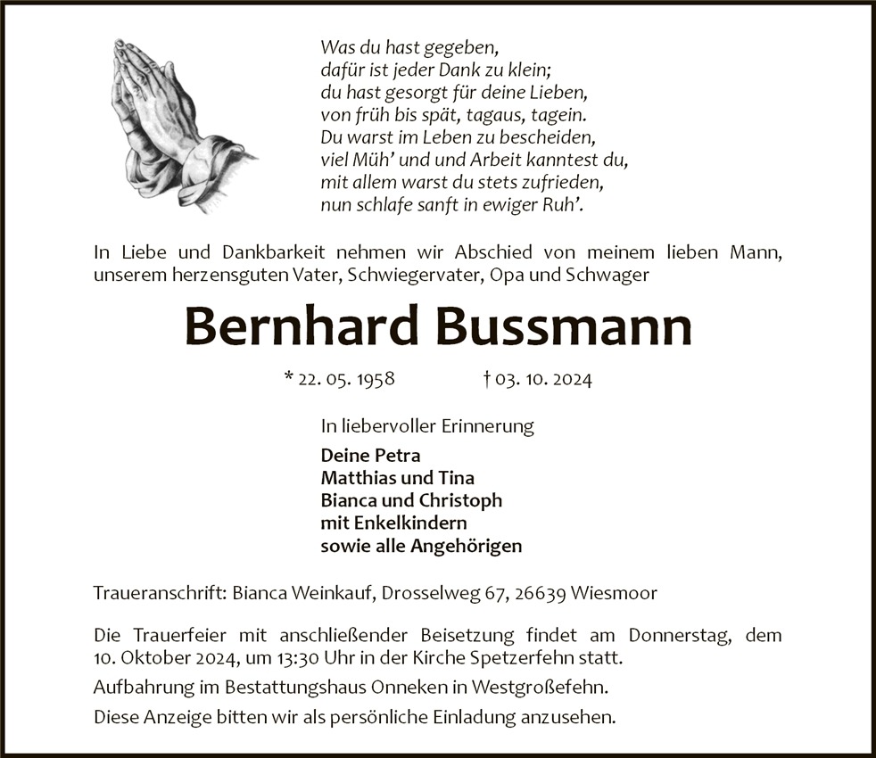 Traueranzeige von Bernhard Bussmann