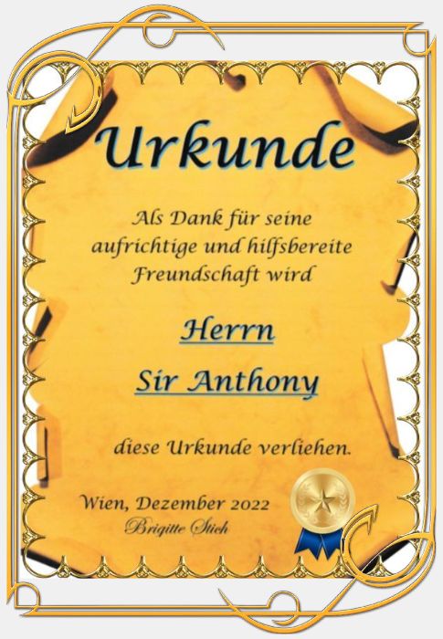 Urkunde für Toni