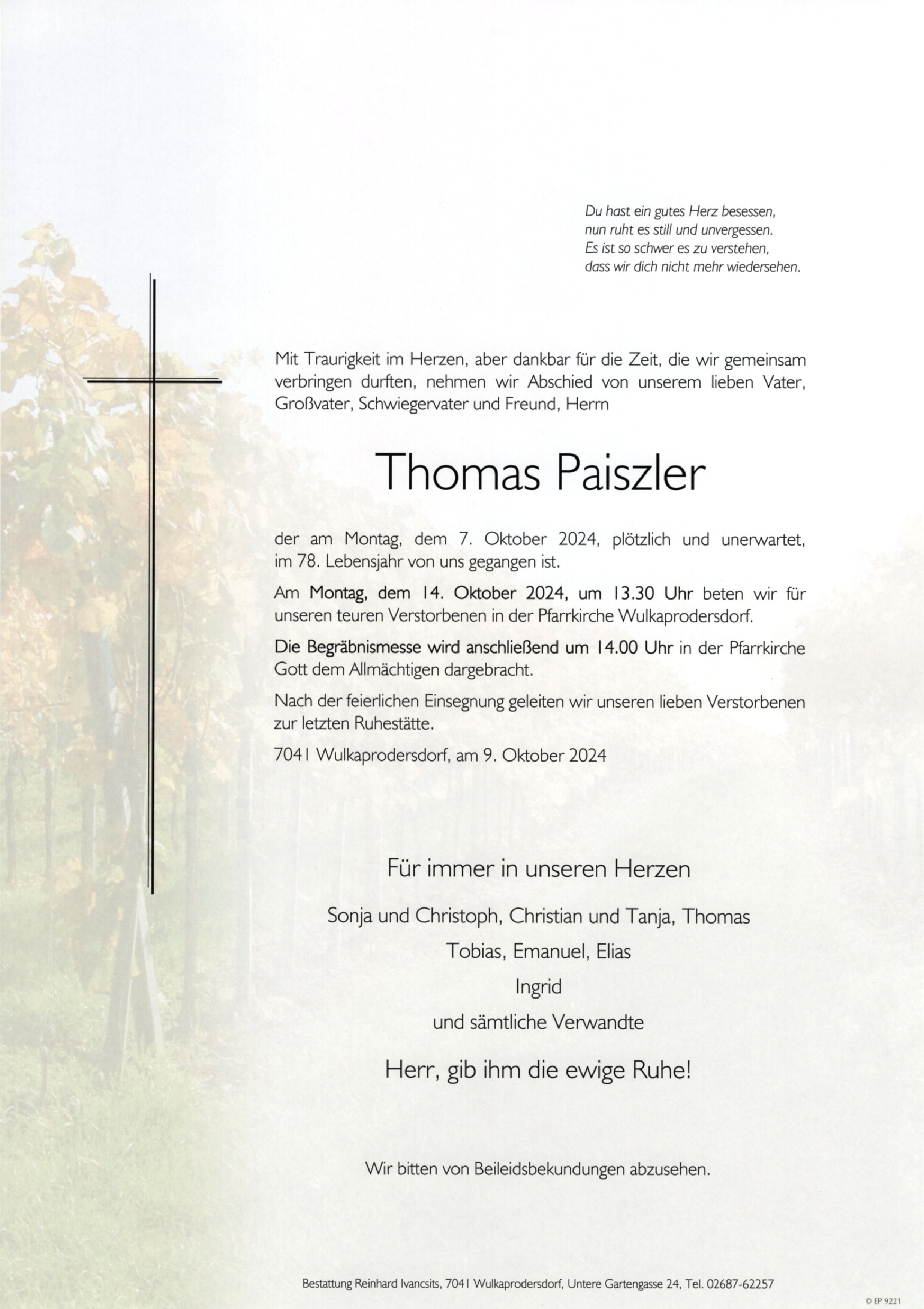 Traueranzeige von Thomas Paiszler