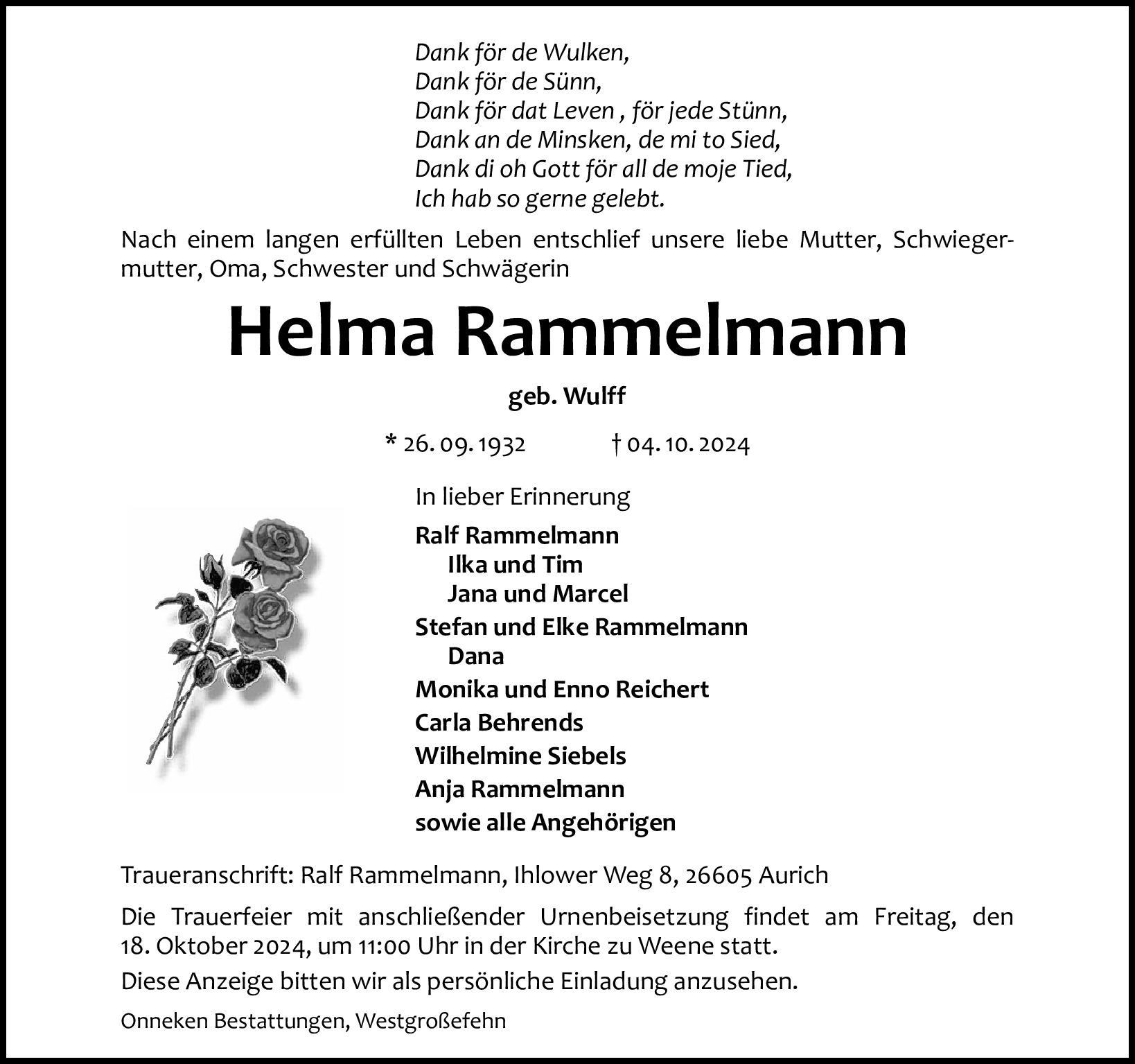 Traueranzeige von Helma Rammelmann