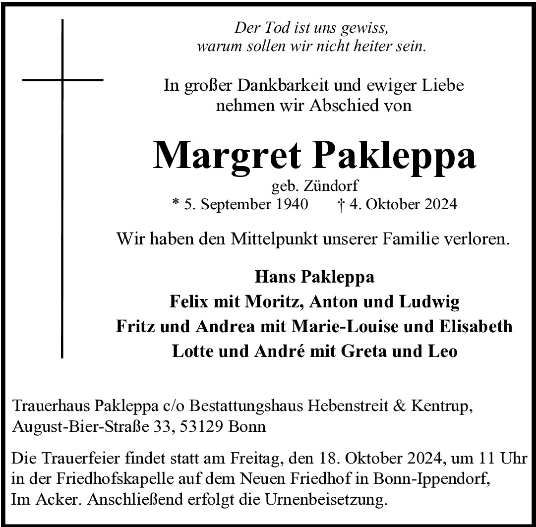 Traueranzeige von Margret Pakleppa