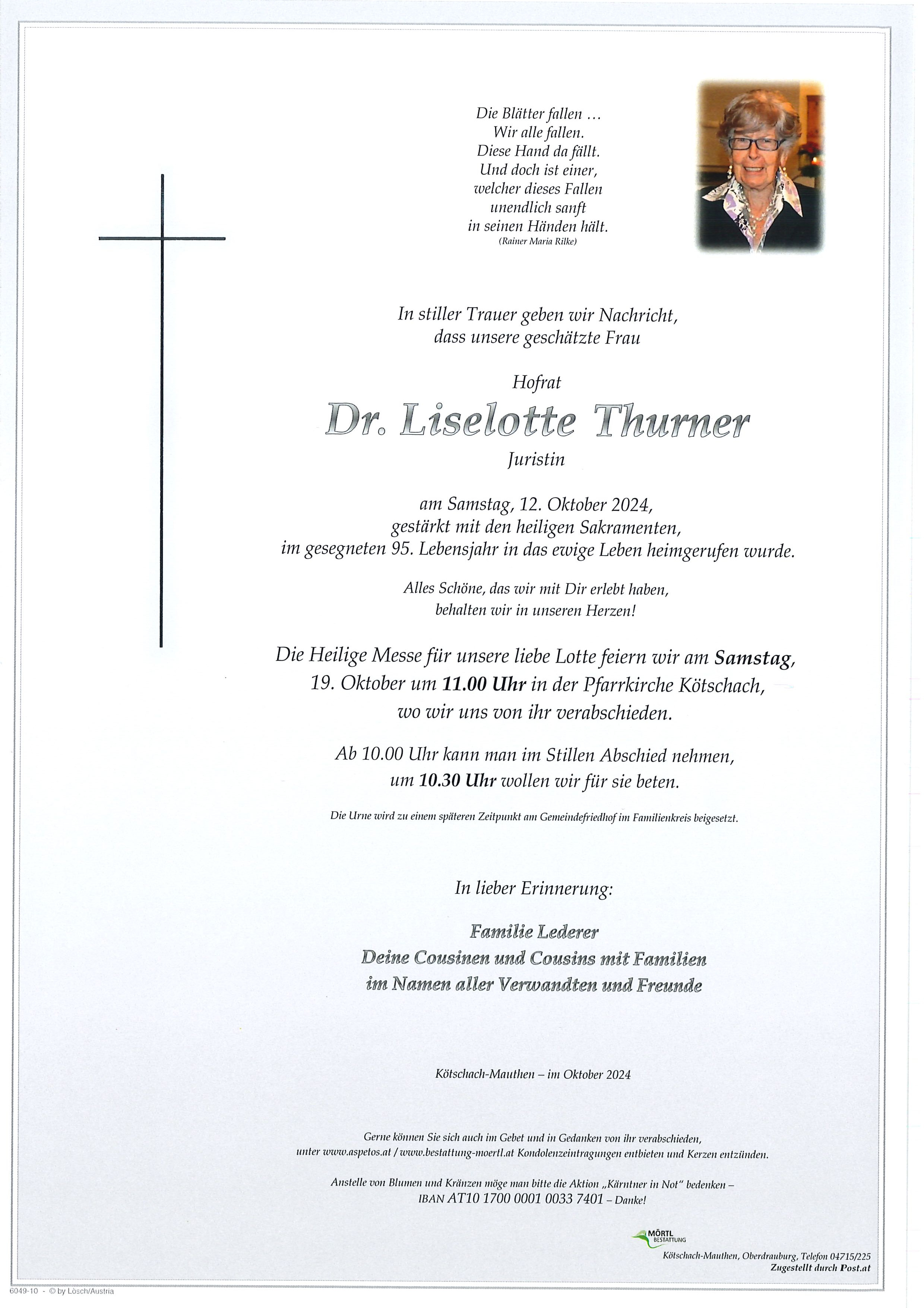 Traueranzeige von Hofrat Dr. Liselotte Thurner