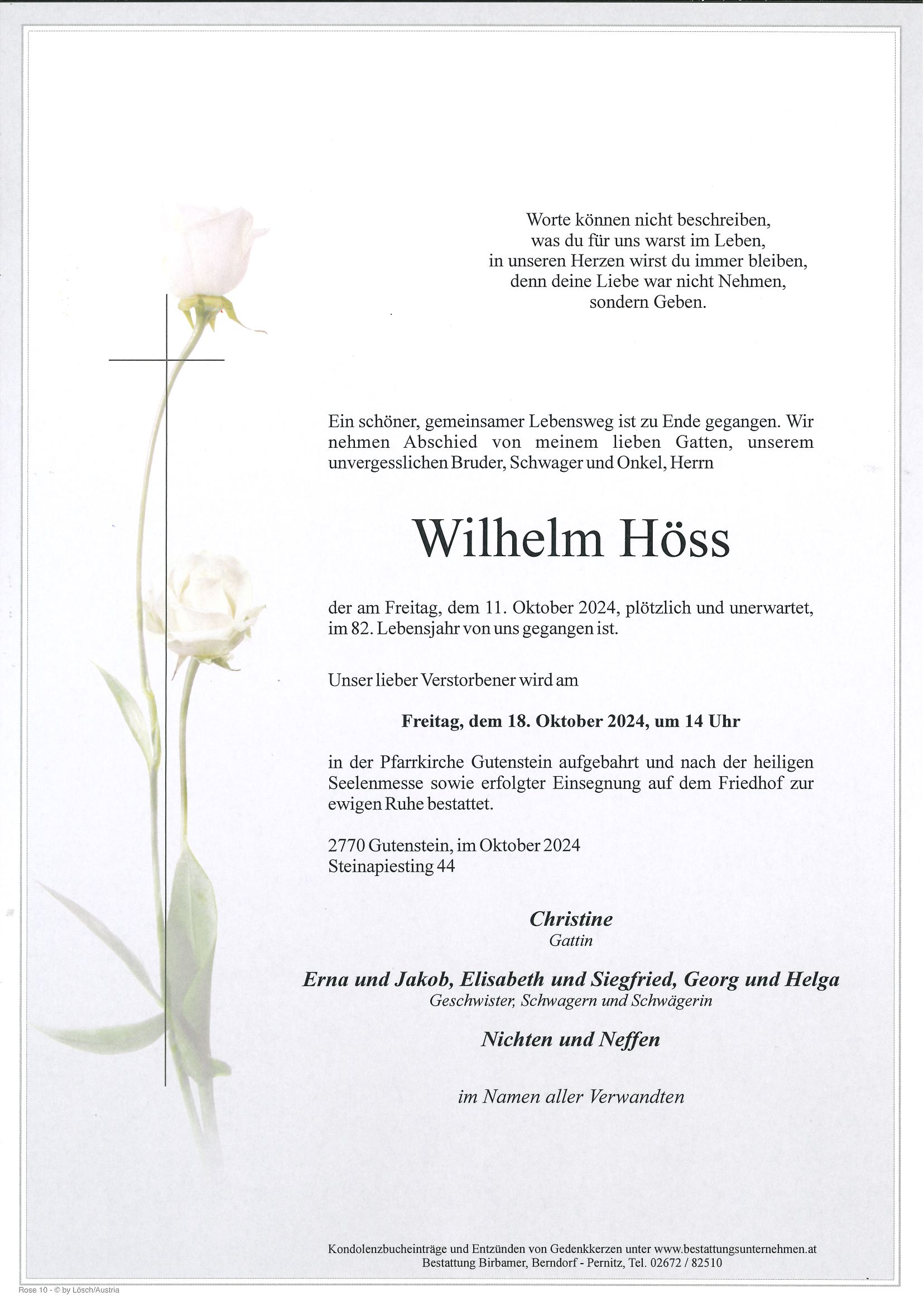 Traueranzeige von Wilhelm Höss