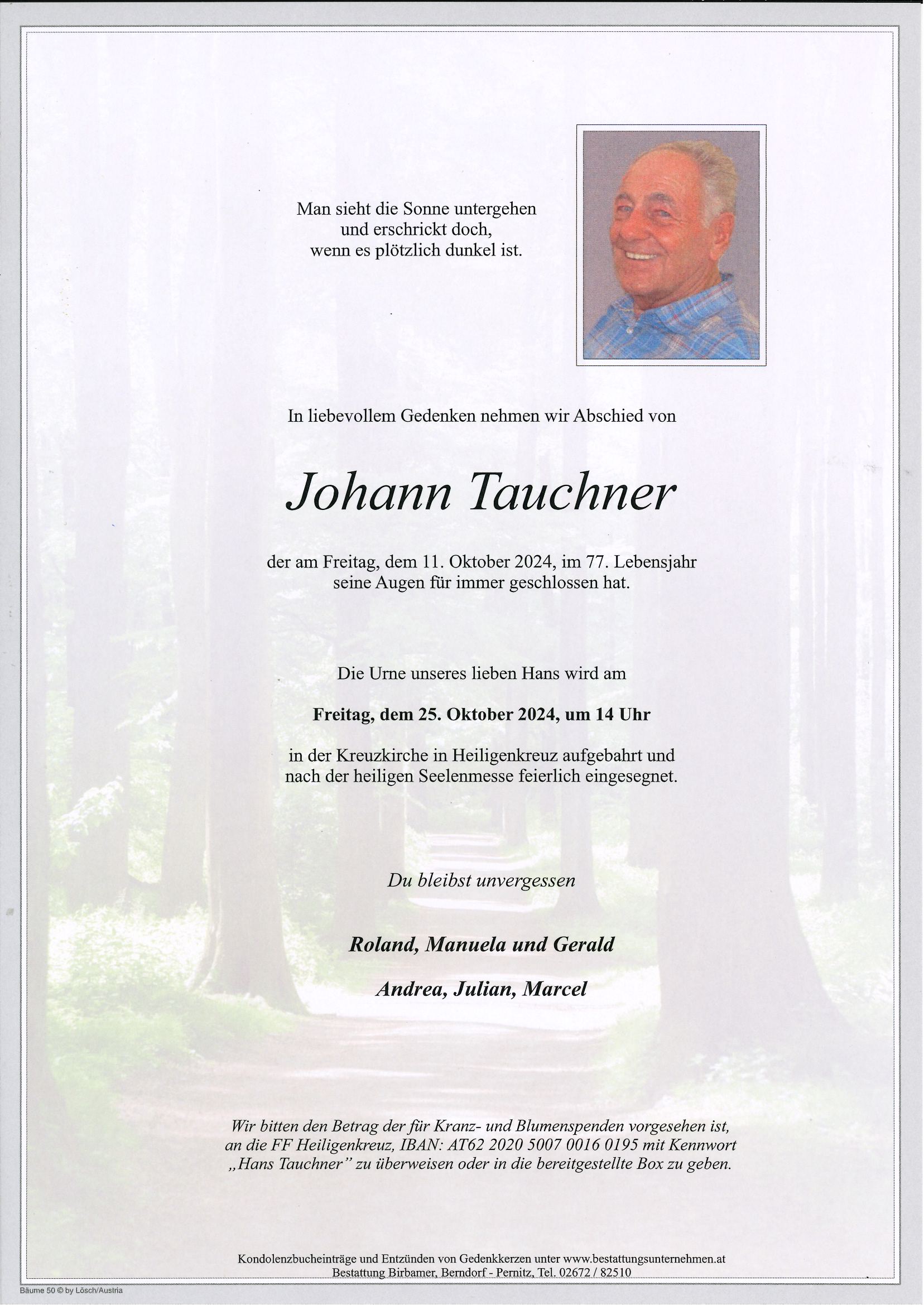 Traueranzeige von Johann Tauchner