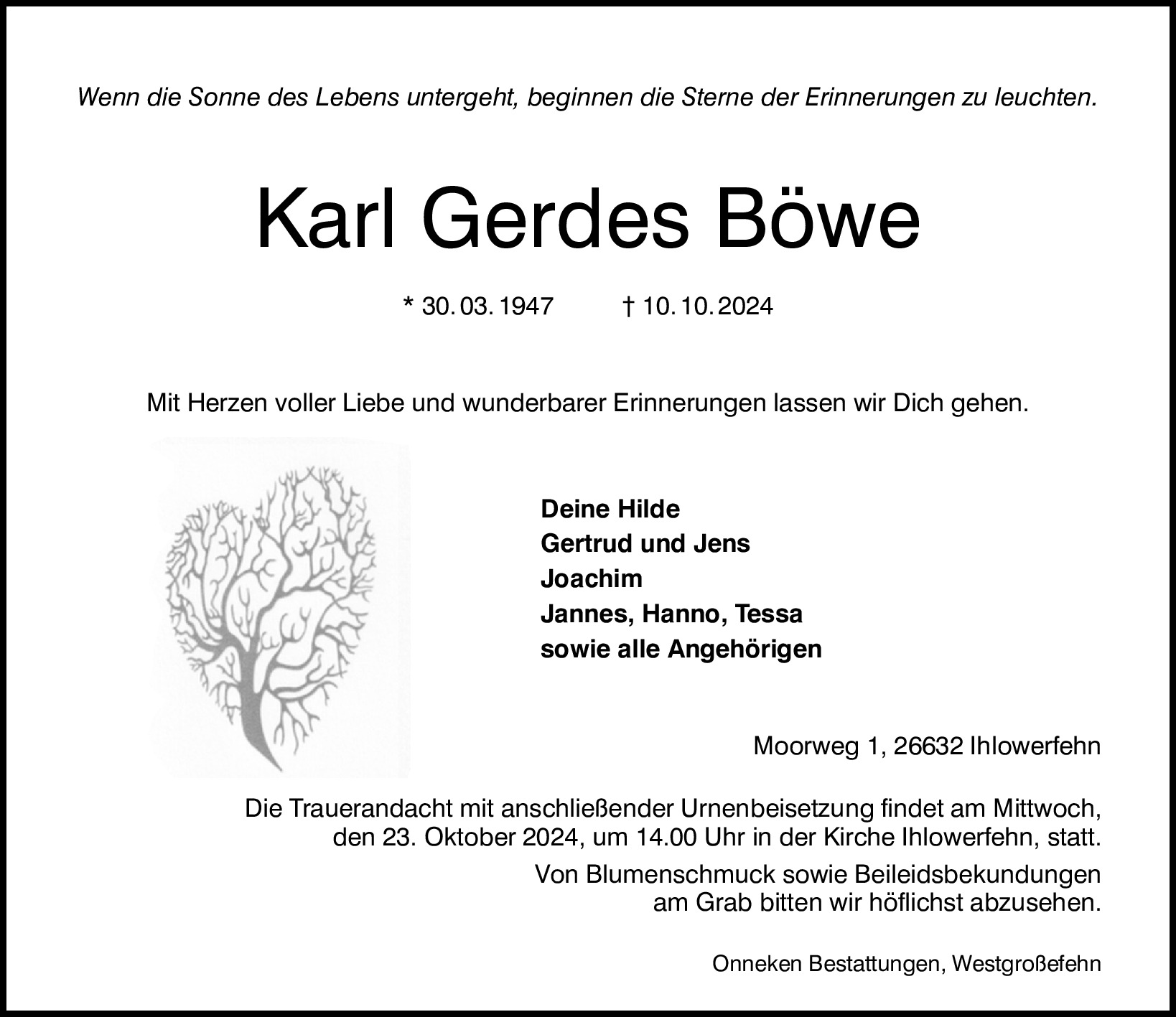 Traueranzeige von Karl Gerdes Böwe