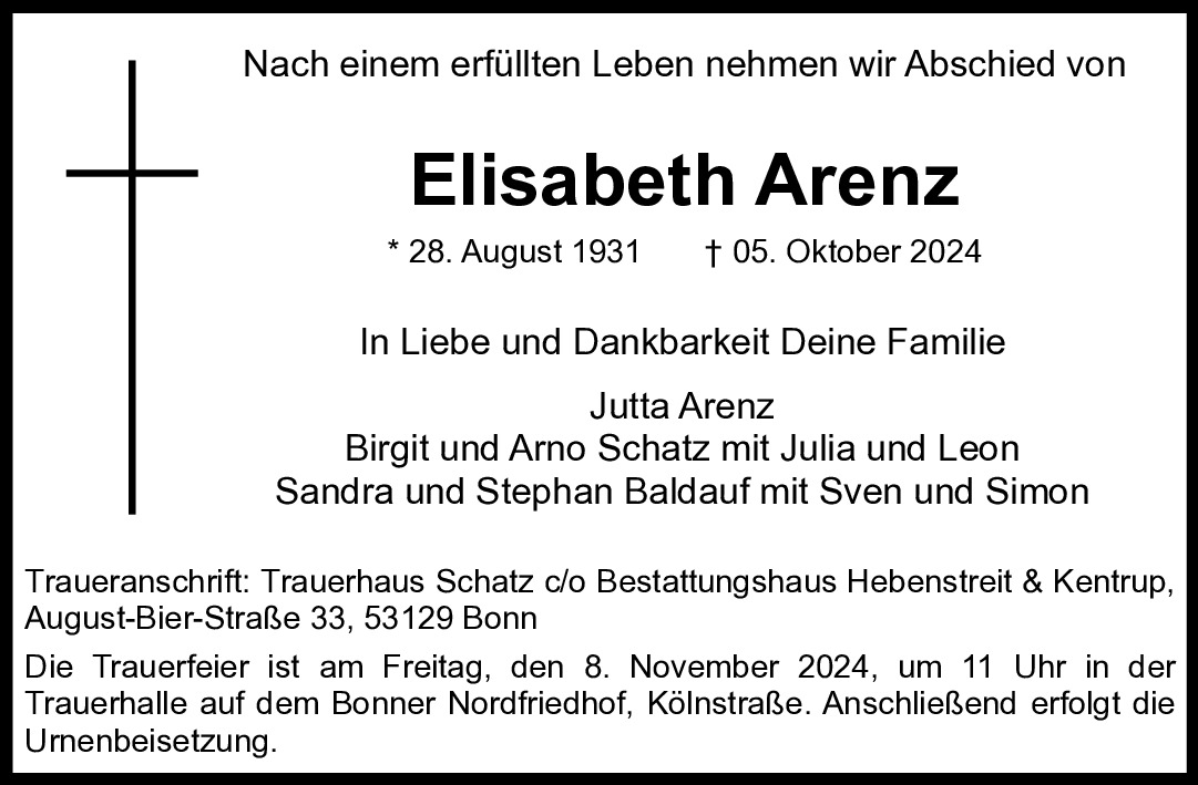 Traueranzeige von Elisabeth Arenz