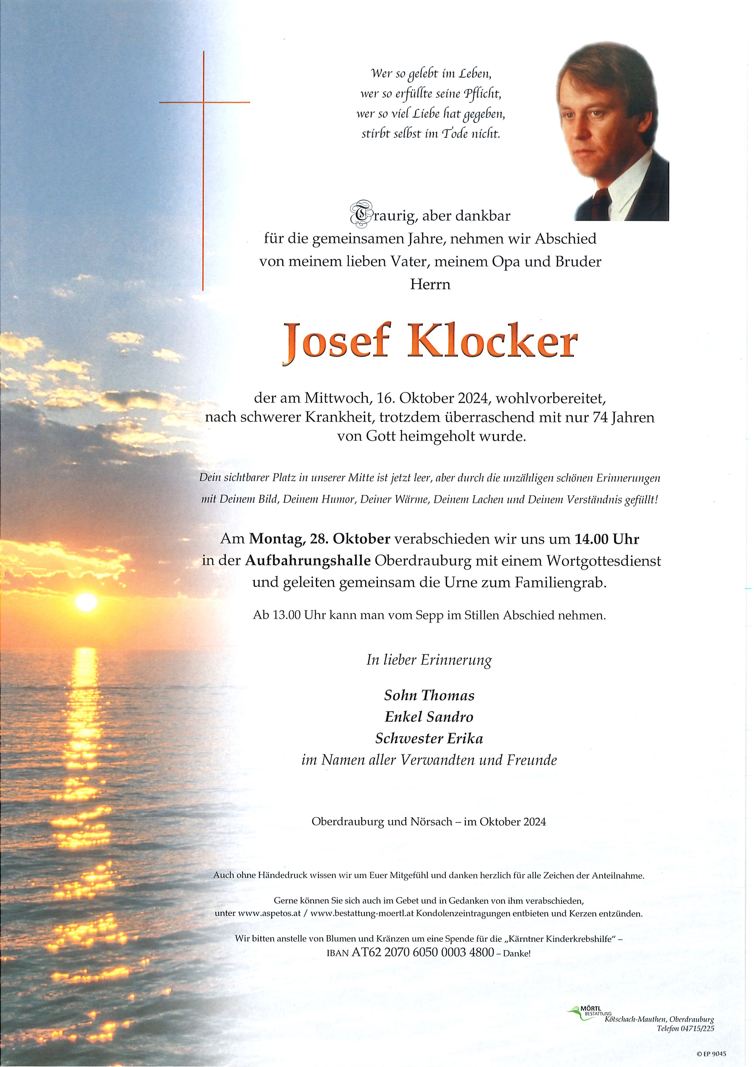 Traueranzeige von Josef Klocker