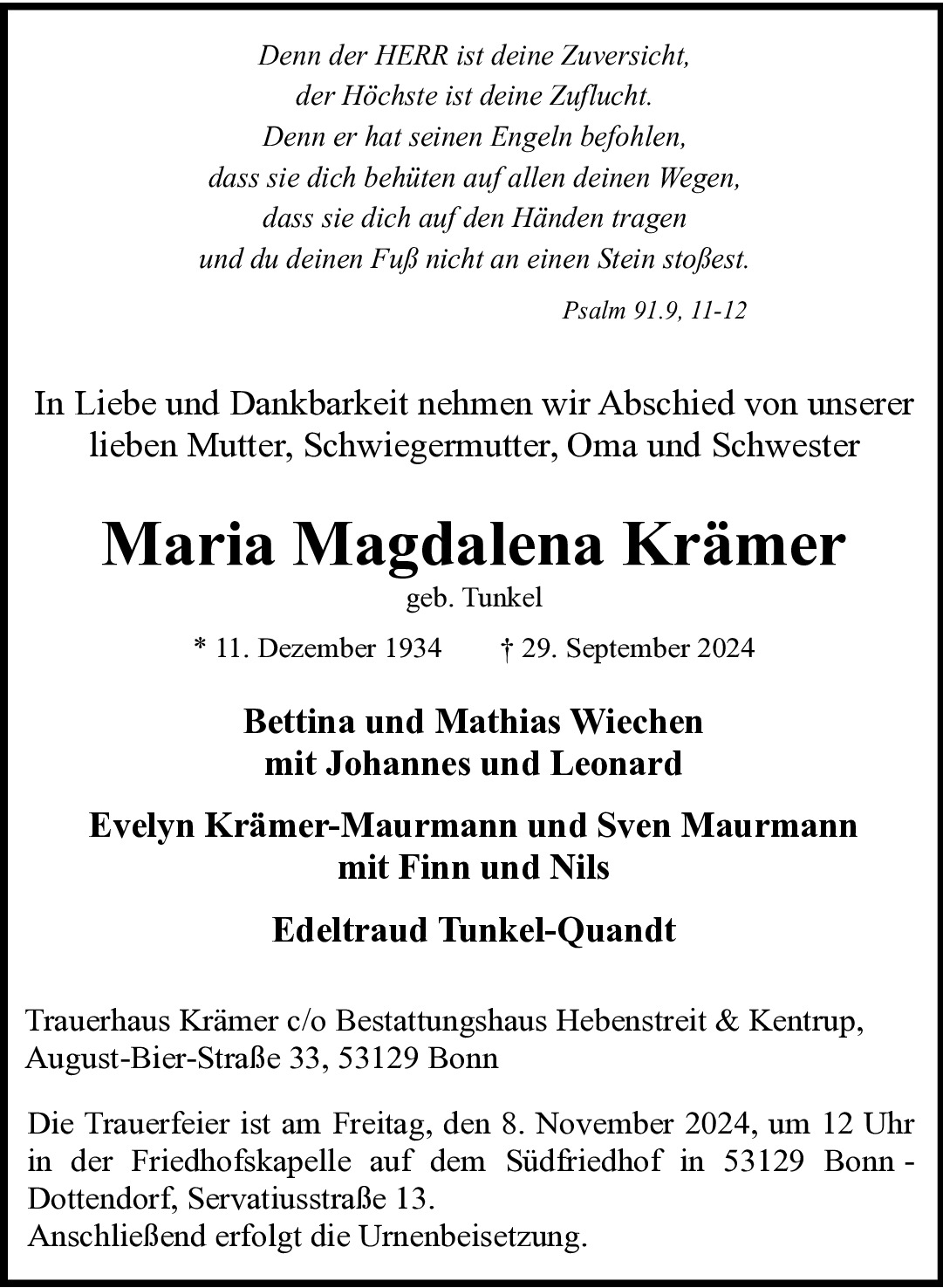 Traueranzeige von Maria Magdalena Krämer