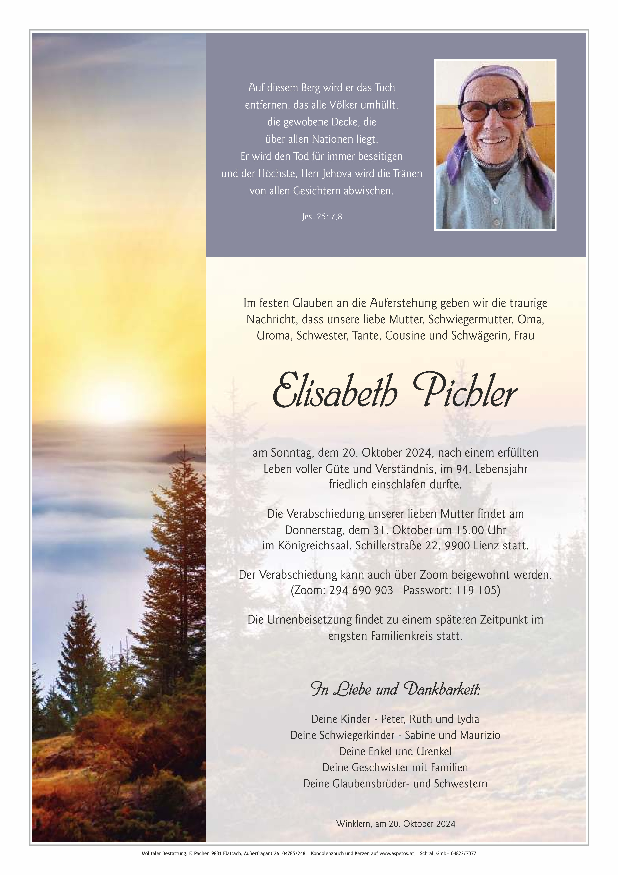 Traueranzeige von Elisabeth Pichler