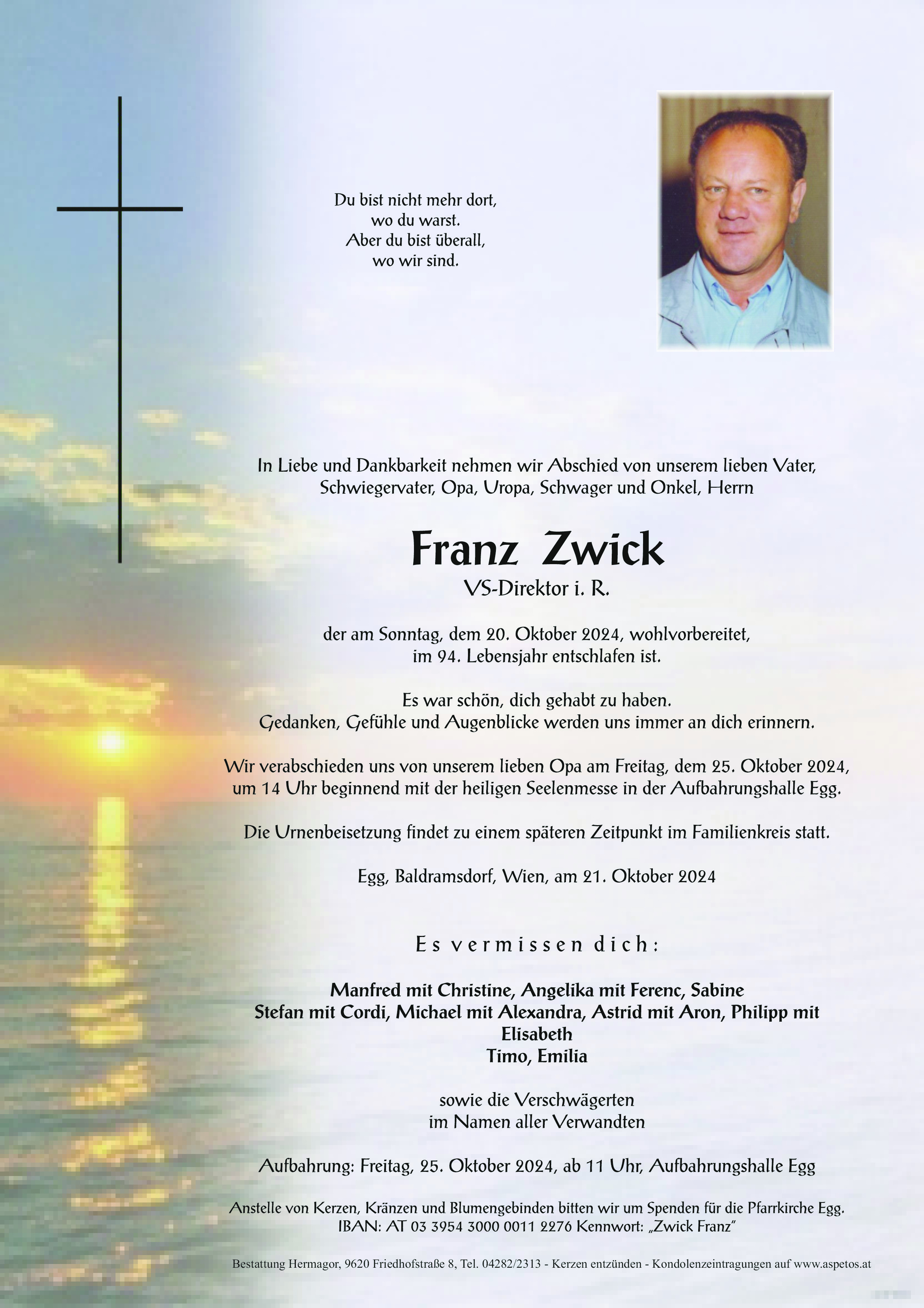 Traueranzeige von VS- Direktor i. R. Franz Zwick