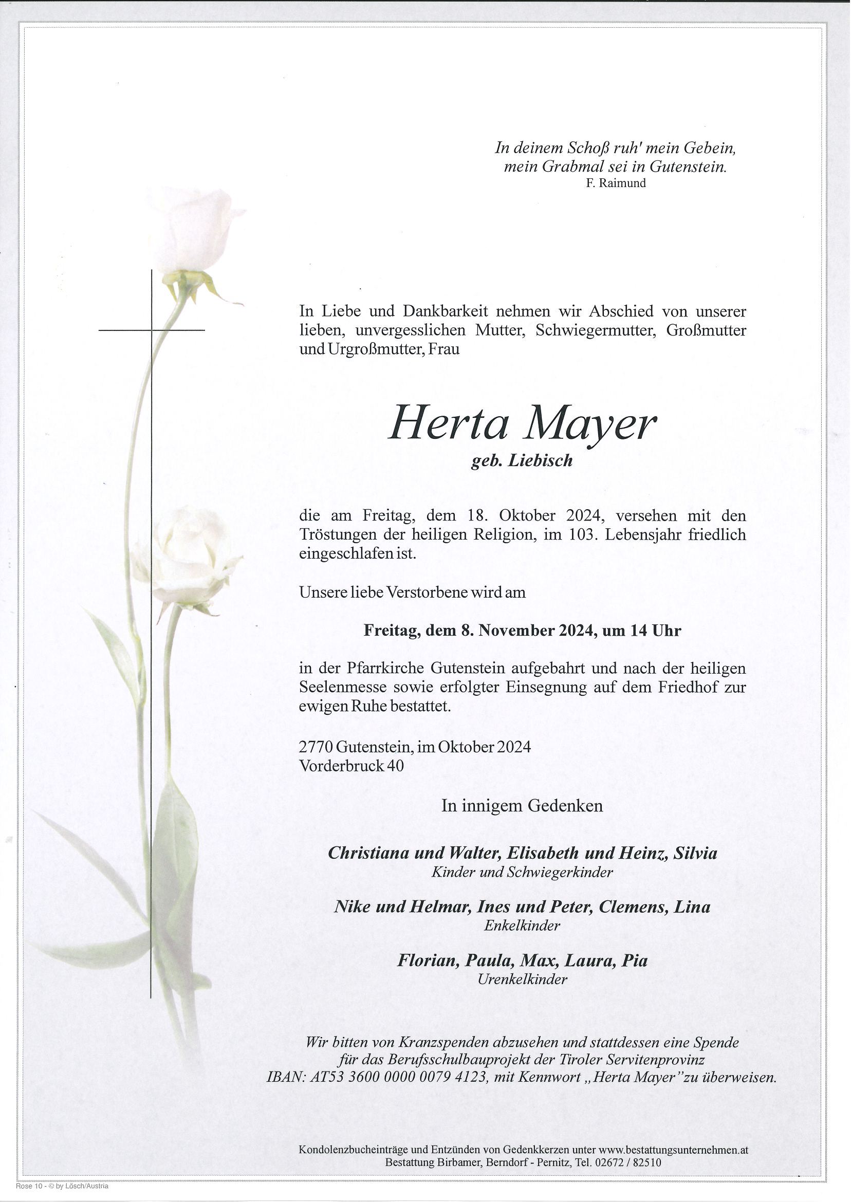Traueranzeige von Herta Mayer